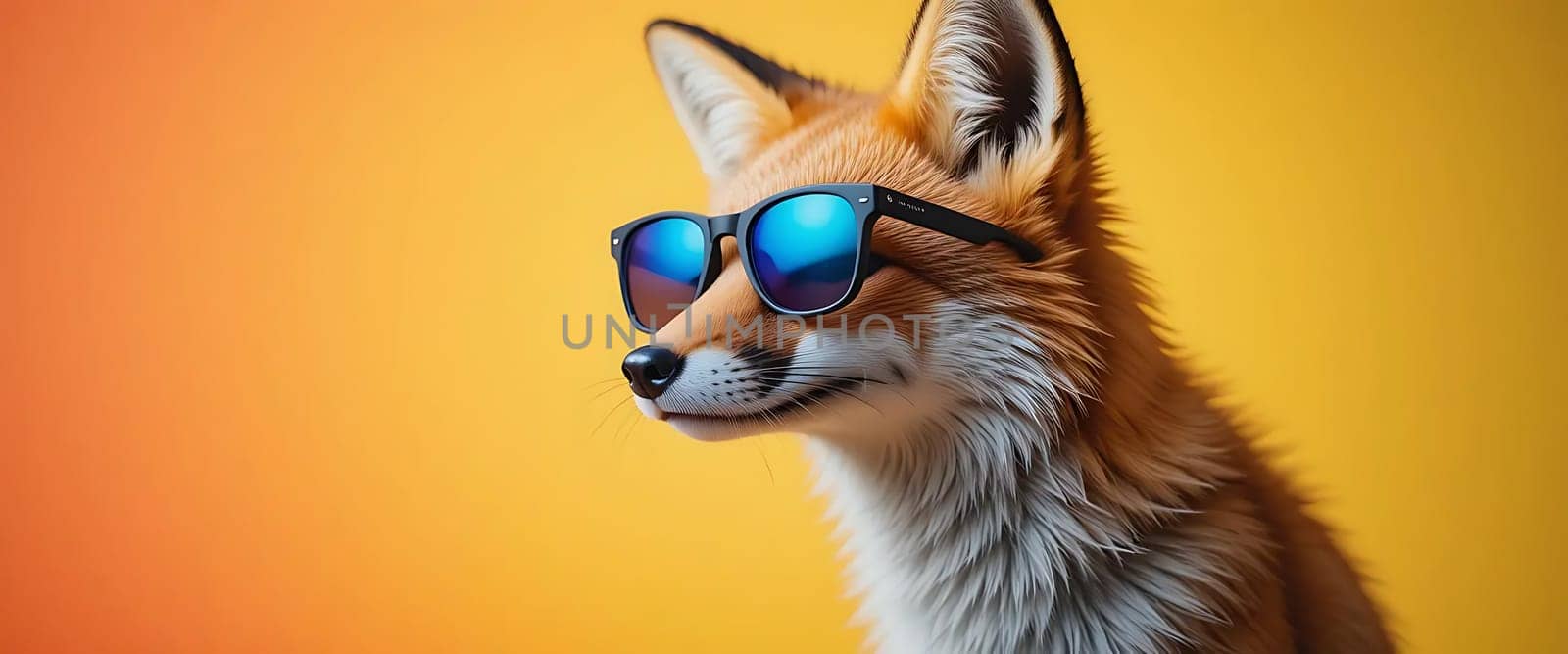 A playful fox, donning cool shades, grins against a warm, sunset-yellow backdrop. Its fur, a blend of fiery hues, embodies a sense of joy and carefree spirit. The scene radiates a whimsical, feel-good vibe, inviting laughter and lightheartedness.