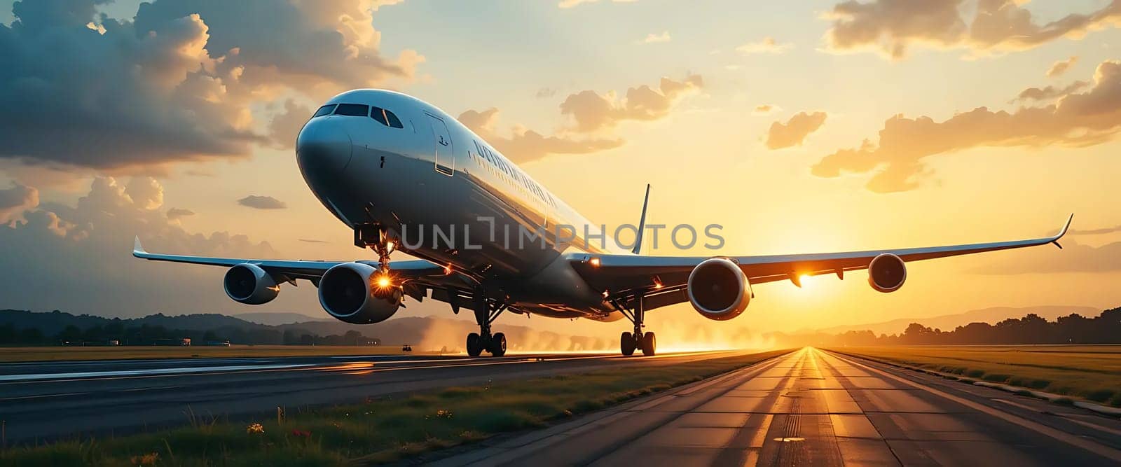 Golden sunset paints the sky as a majestic plane ascends, engines roaring, chasing the horizon. Freedom and adventure beckon, echoing dreams of distant lands. Hope takes flight.