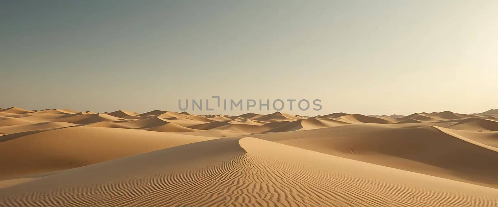 Golden dunes stretch endlessly, whispering secrets to the vast, tranquil sky. A serene, timeless expanse, where solitude meets the sun's gentle caress, evoking a profound sense of calm and introspection.