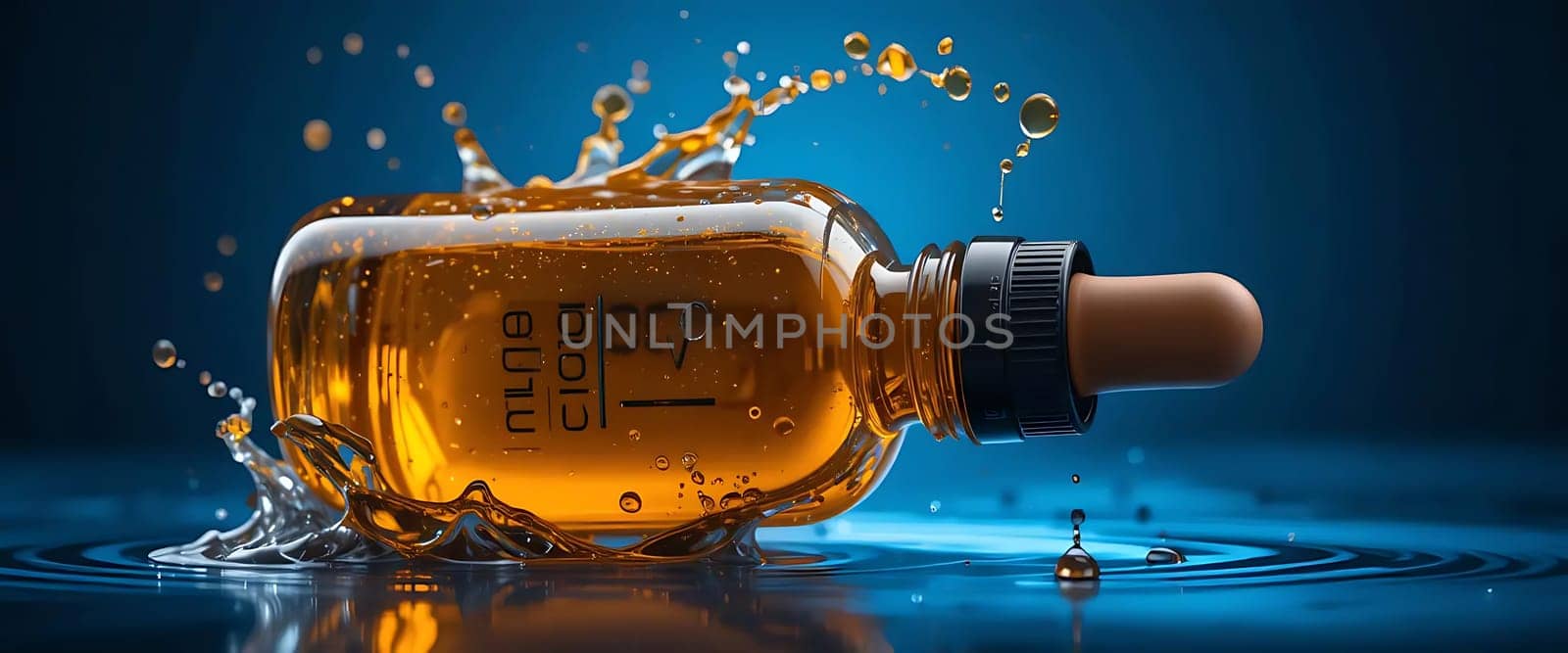 Golden elixir splashes vibrantly, capturing a moment of pure, dynamic energy. Droplets dance in mid-air, reflecting glimmers of hope and vitality. The deep blue backdrop whispers tranquility, contrasting with the fiery, lively spirit within the bottle. A sense of renewal and invigoration pulses through the scene, inviting a deep breath of rejuvenation.