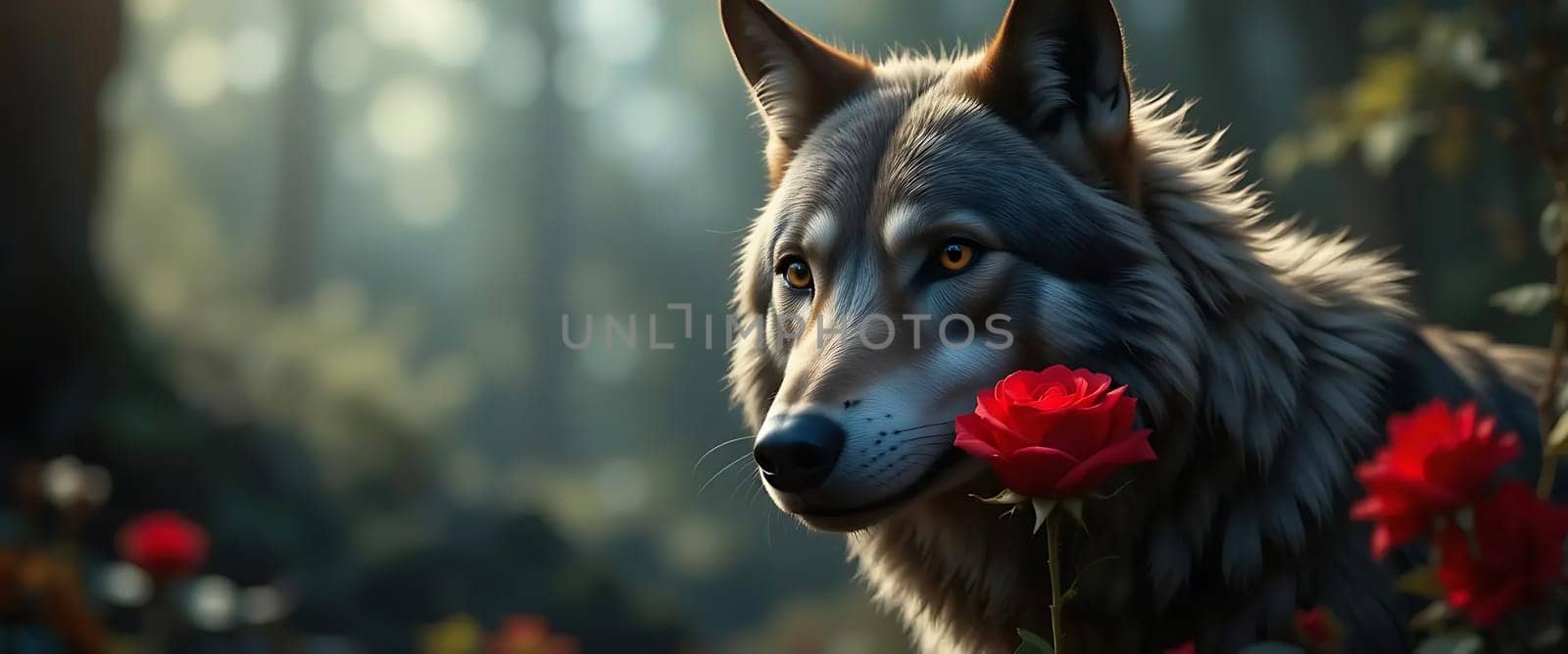 A serene wolf, eyes alight with gentle wisdom, cradles a crimson rose amidst a hazy, mystical forest. Tranquility and melancholy intertwine in a dance of nature's grace, as sunlight filters through, whispering secrets only the wild can hear.