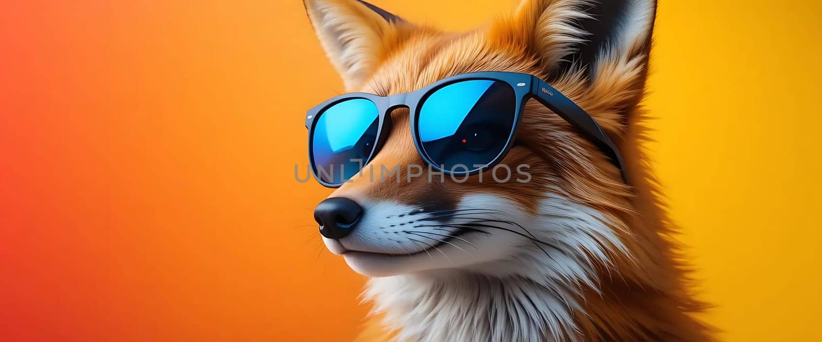 A fox grins slyly, its fur warm against an orange sunset. Cool blue sunglasses reflect the world, hiding secrets. Joy and mystery blend, evoking playful curiosity and summer's carefree spirit.