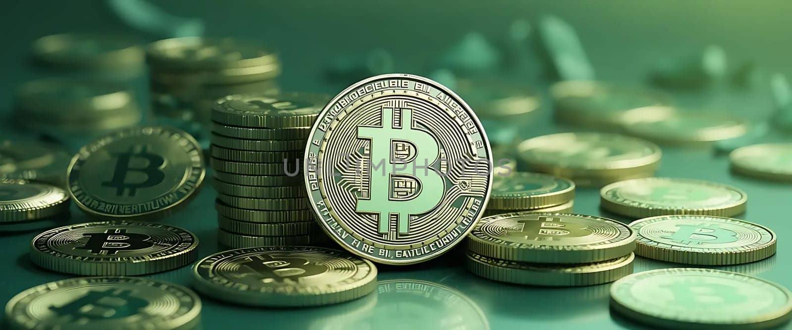 Gleaming coins pile high, bathed in eerie green. Bitcoin's symbol looms, a digital dawn. Wealth whispers, tech hums. Excitement and uncertainty mingle, a dance of modern fortune and risk.