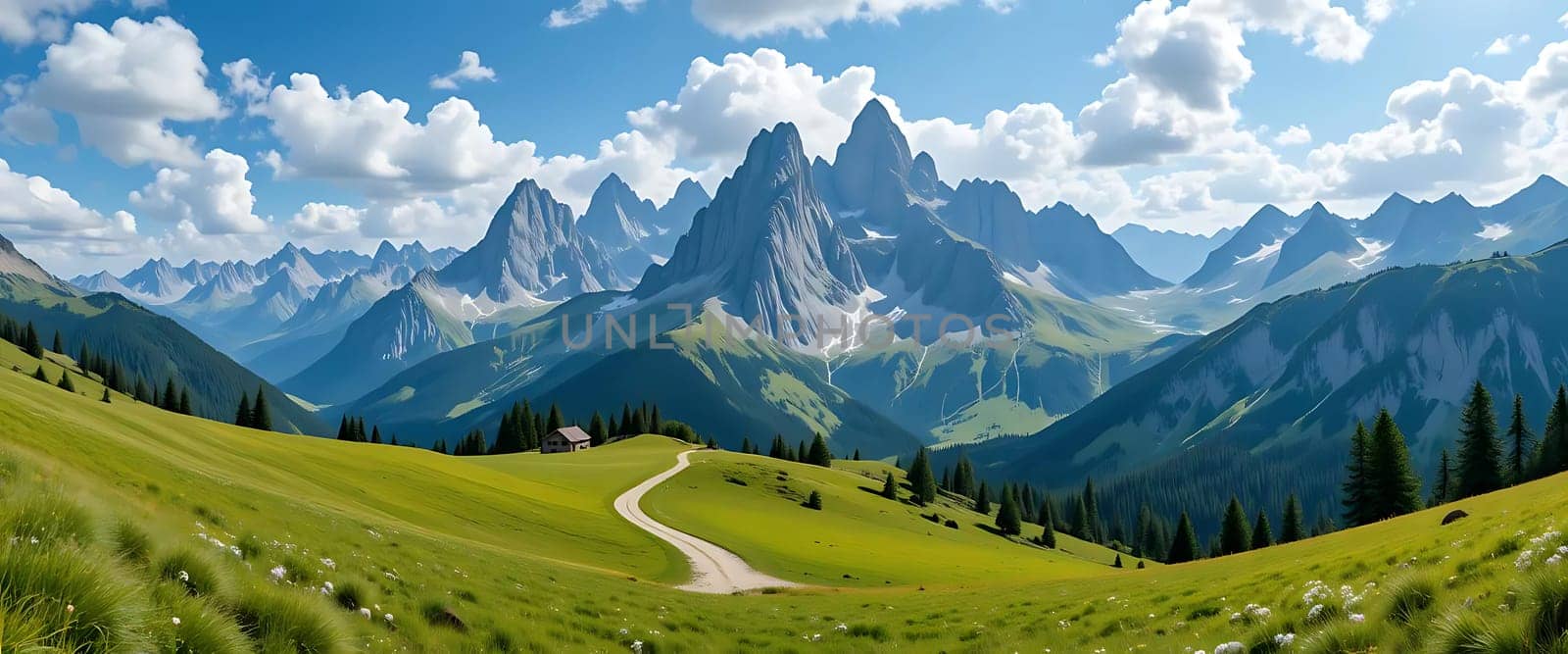 In a serene, sunlit valley, a winding path beckons, leading through vibrant meadows to majestic, snow-kissed peaks. A gentle breeze whispers through tall grass, as nature's grandeur hums a calming lullaby. Peace and wonder embrace the soul, inviting endless dreams beneath the vast, blue sky.