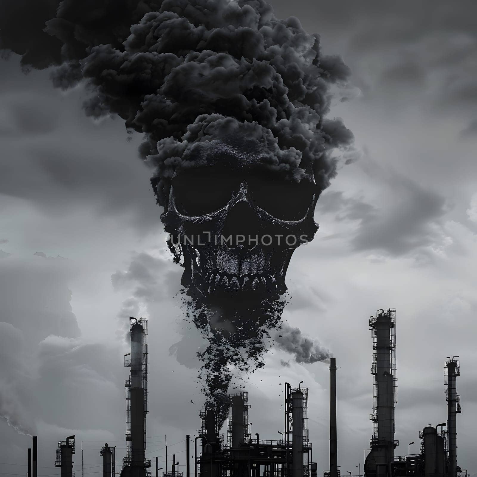 A dark industrial setting with a menacing skullshaped smoke cloud in the sky