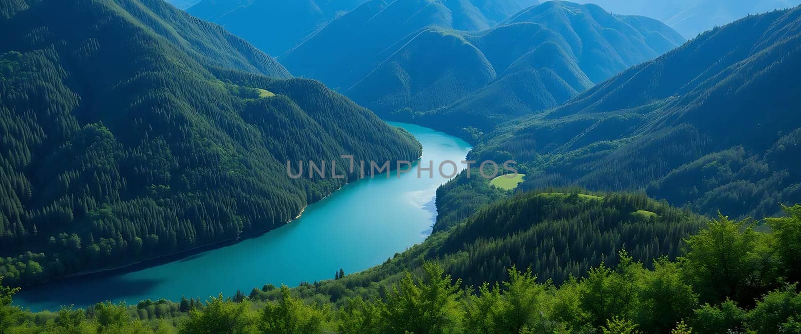 Atranquil river carves through lush, forested mountains under a serene sky. The vibrant greenery and still water evoke a sense of peace and untouched beauty, as if nature whispers secrets of eternity.
