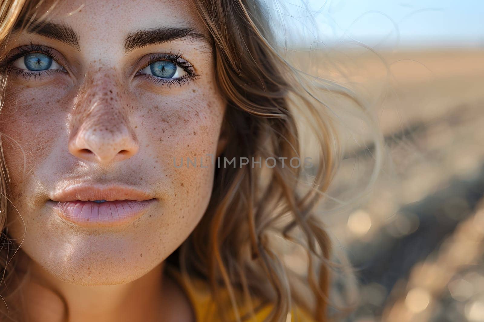 a close up of a woman s face with blue eyes and freckles . High quality