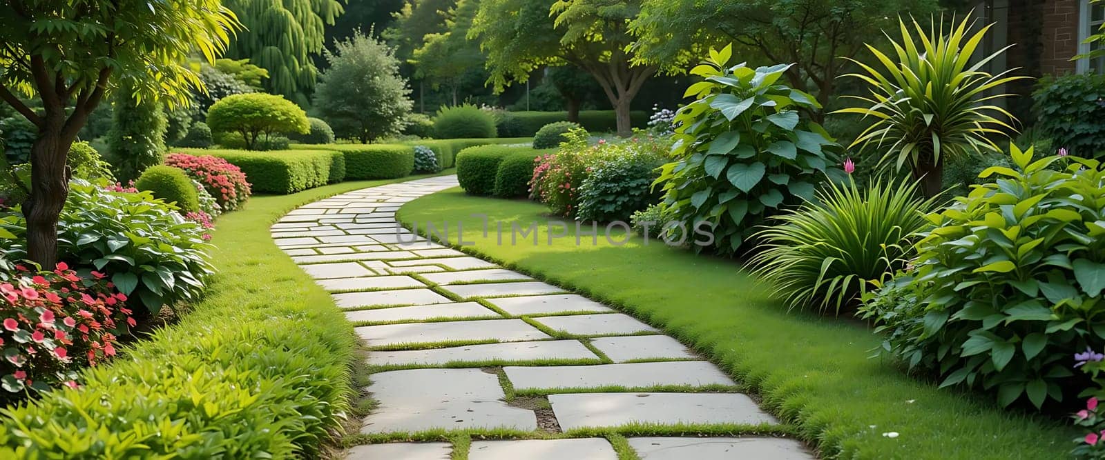Verdant serenity greets you in a lush garden oasis. Soft grass whispers underfoot, as the stone path winds through vibrant blooms and sculpted greenery. Sunlight dapples leaves, casting a peaceful, tranquil spell. A sanctuary of calm, where each breath feels refreshed and hopeful.