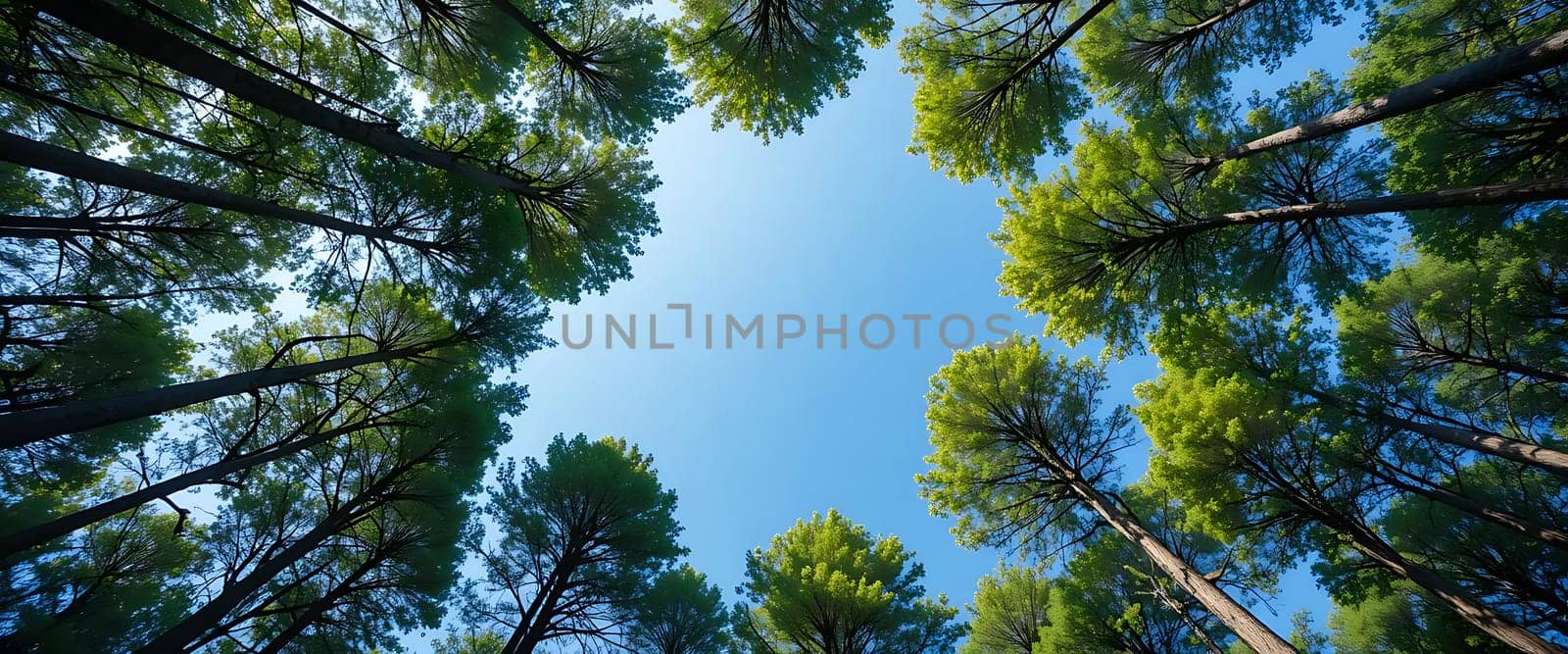 Gazing up, pine needles whisper secrets to the vast blue expanse. Sun-kissed branches reach out, cradling serenity. Nature's cathedral, alive with tranquil majesty.