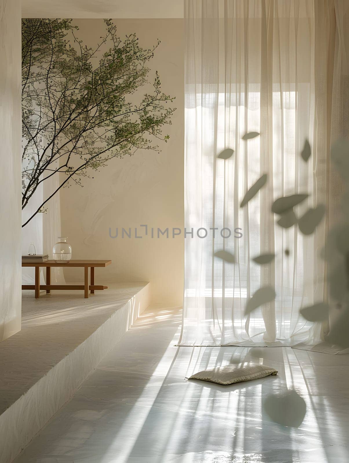 Interior design featuring a hardwood floor, a bench, and a tree in the background providing a natural artistic touch and shades of green