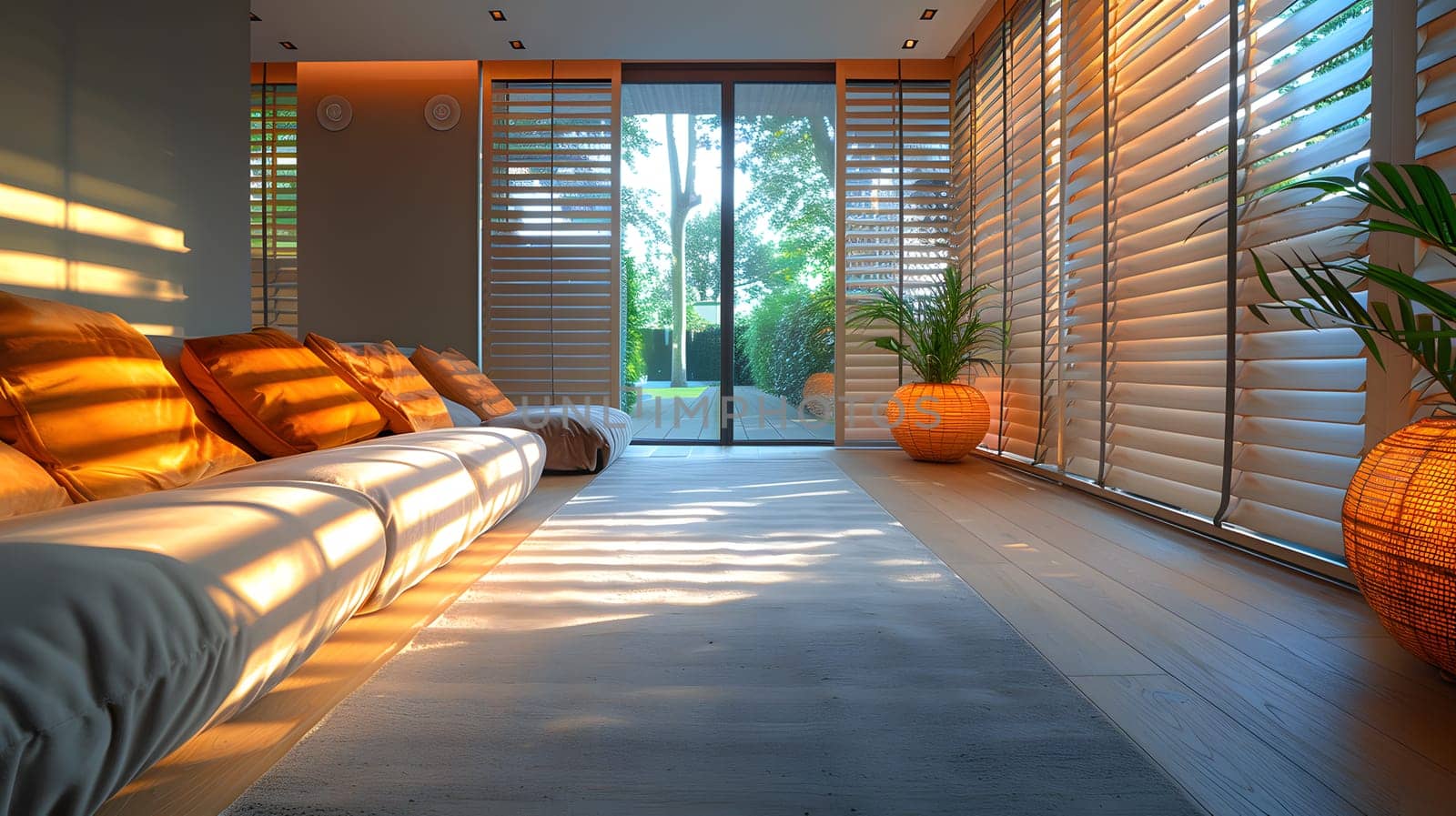 Sunlit modern living room features a cozy sofa and wooden blinds with a garden view.