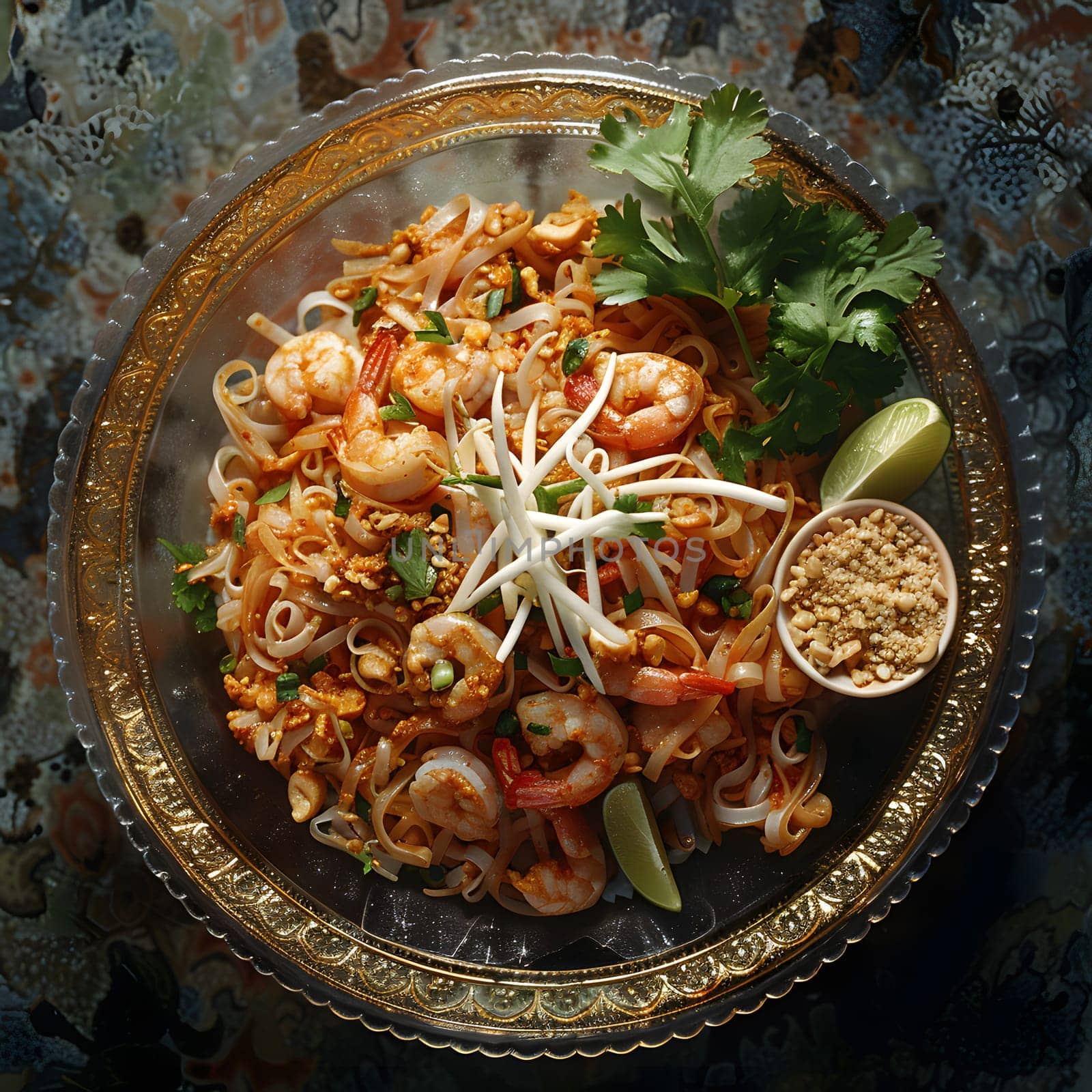 On a table sits a dish of shrimp and noodles, a staple food in many cuisines. The ingredients are fresh produce and leaf vegetables, making it a nutritious and delicious meal