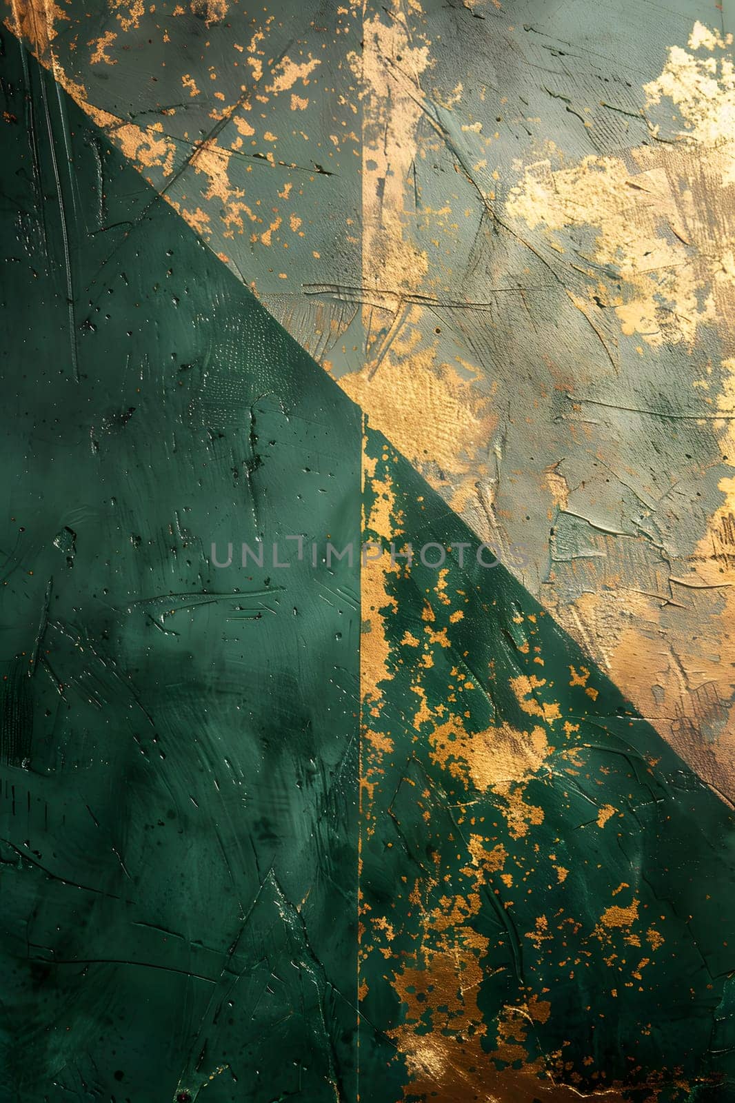 A detailed closeup of a marble texture with green and gold hues resembling a forest floor with shadows and shades, creating a unique pattern of rectangles and twigs
