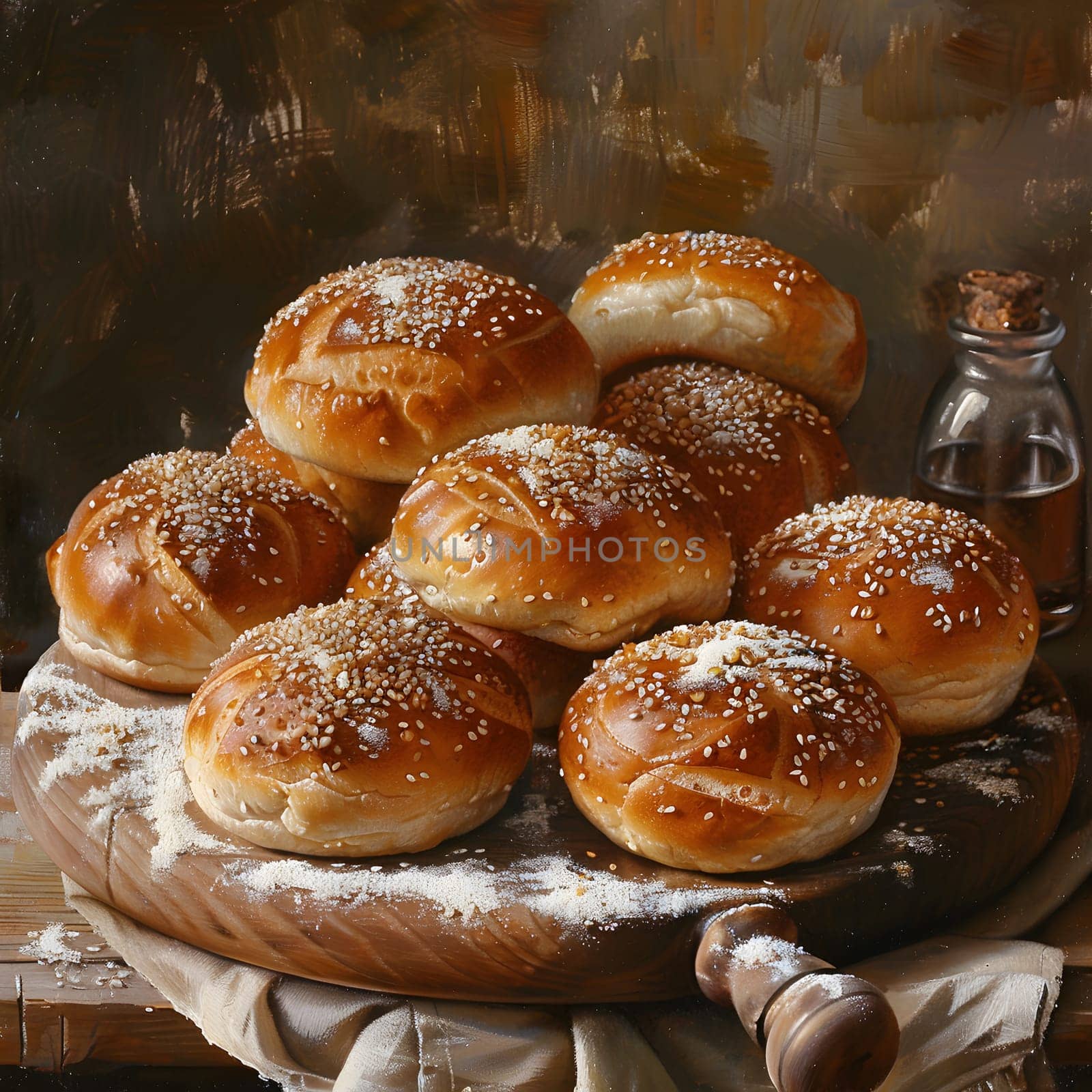 Buns, a staple food, are stacked on a wooden cutting board, ready to be used as an ingredient in a dish. They are an essential part of many recipes and cuisines