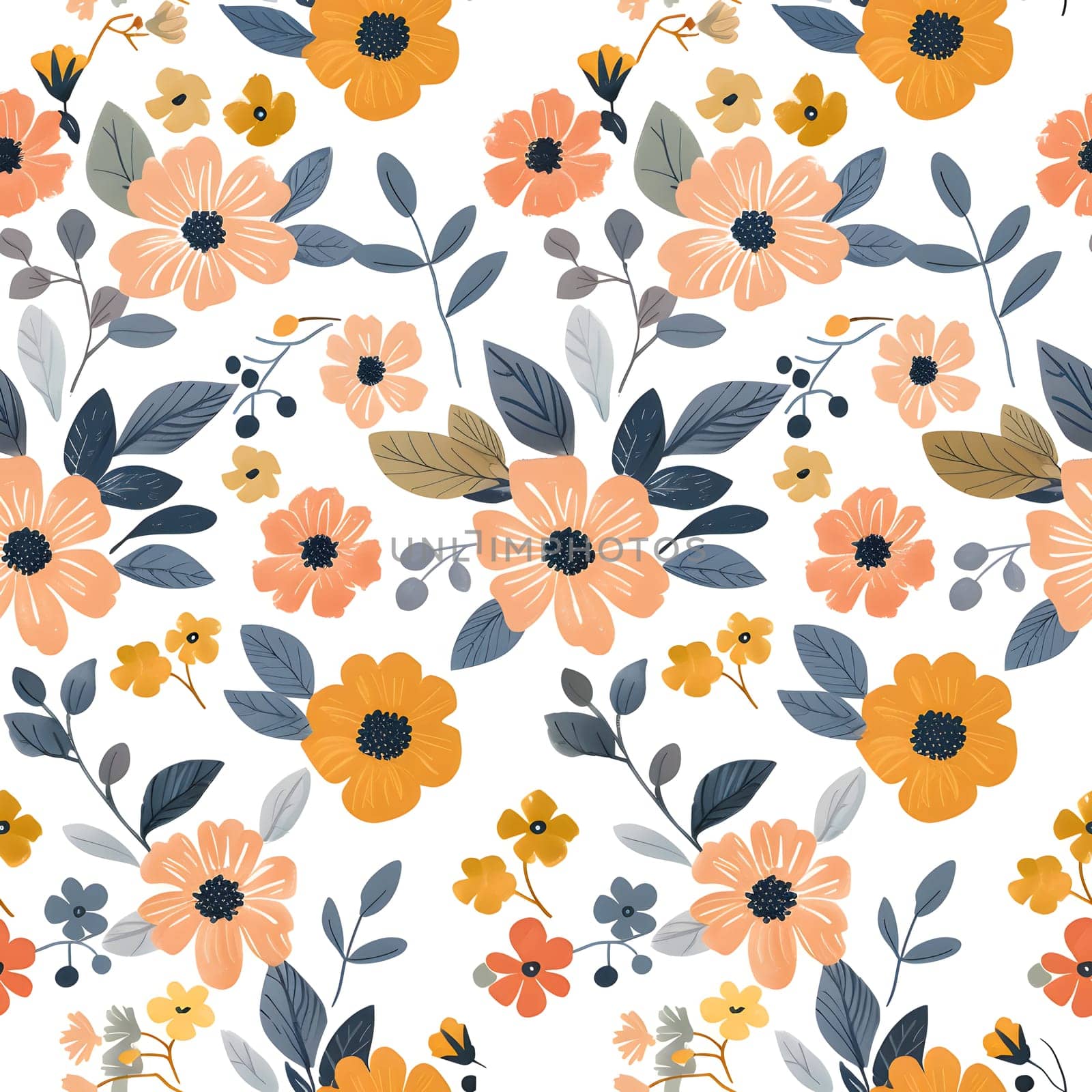 A creative arts product featuring a seamless floral design pattern with orange flowers, aqua leaves, and electric blue accents on a white background. Perfect for adding art to any space