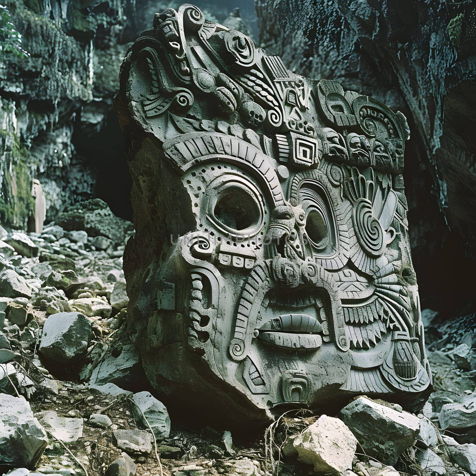 A sculpture carved into a large bedrock, forming an ancient artifact and creative arts piece. This archaeological site showcases a statuelike formation with a face etched into the terrain