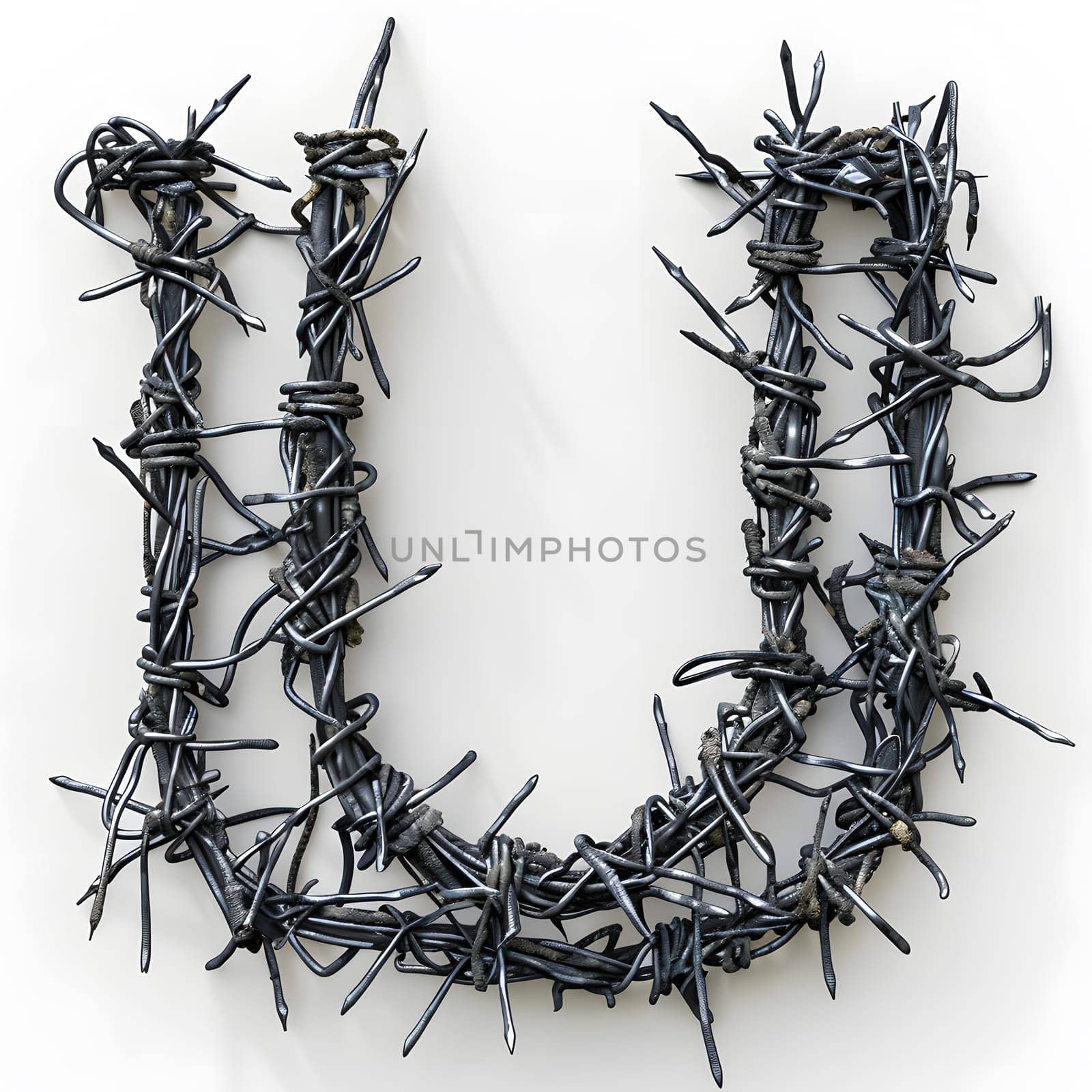 The letter u is depicted as a twig made of barbed wire on a white background. This artistic representation combines elements of nature and fashion accessories, creating a unique and striking visual