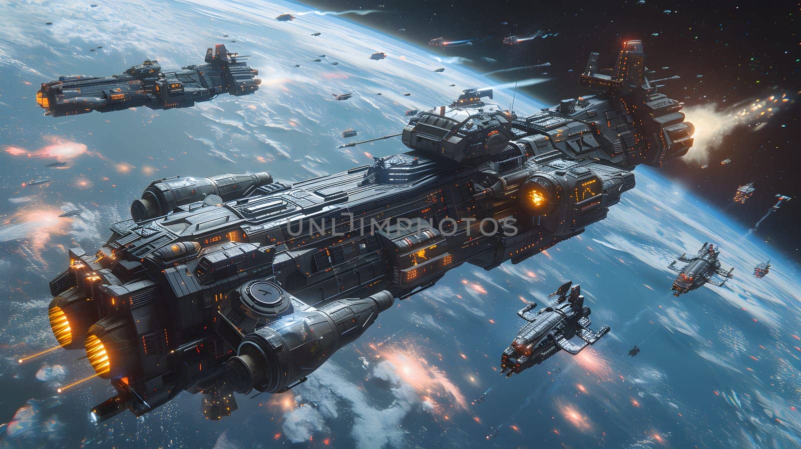 A spacious spaceship hovers over a water world, capturing stunning aerial photography of the landscape below. The city buildings shine like tiny stars against the vast astronomical object