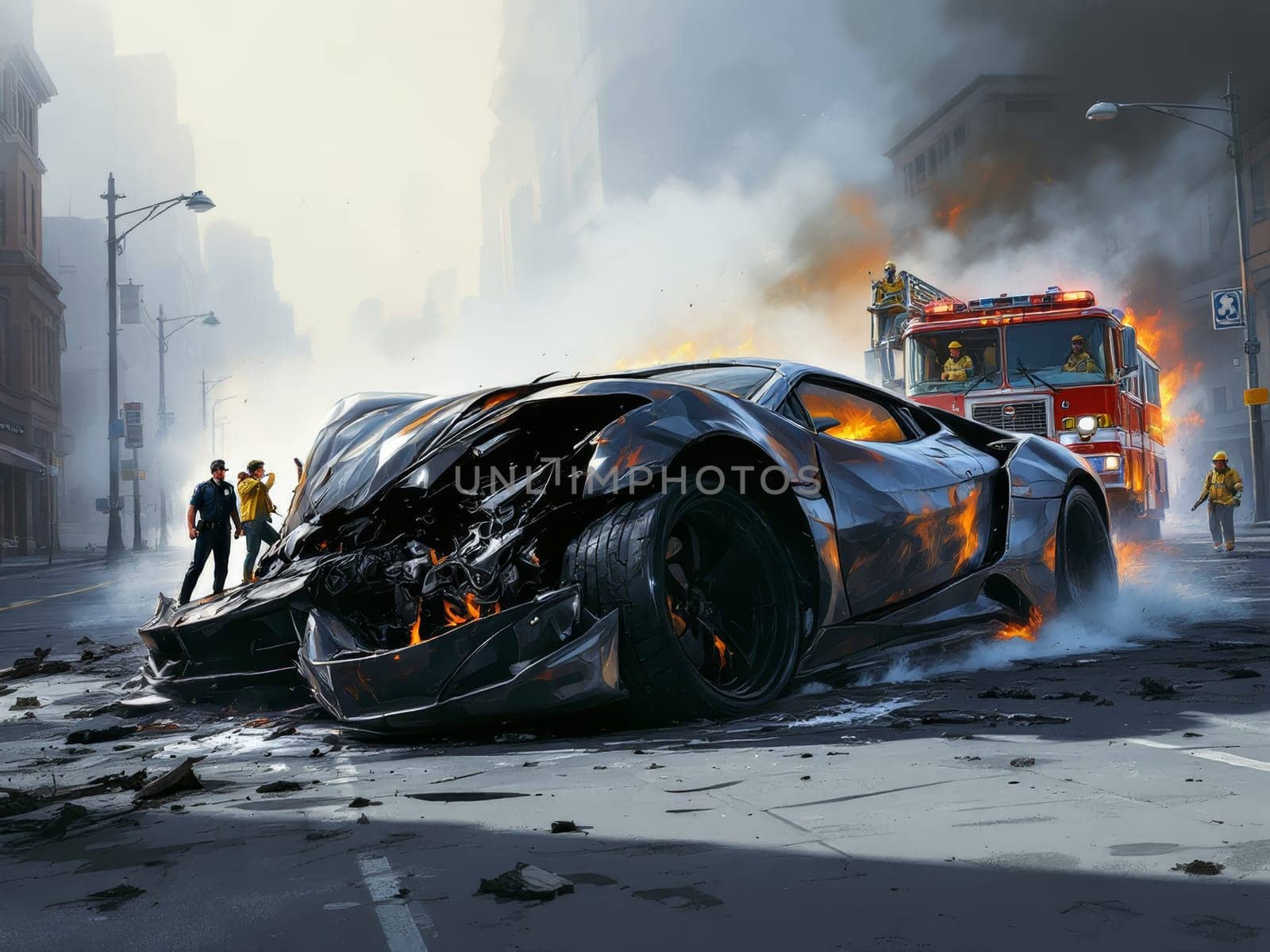 Firefighters working to extinguish a burning electric vehicle involved in a road accident, with police officers and other emergency personnel securing the area. Ai generated