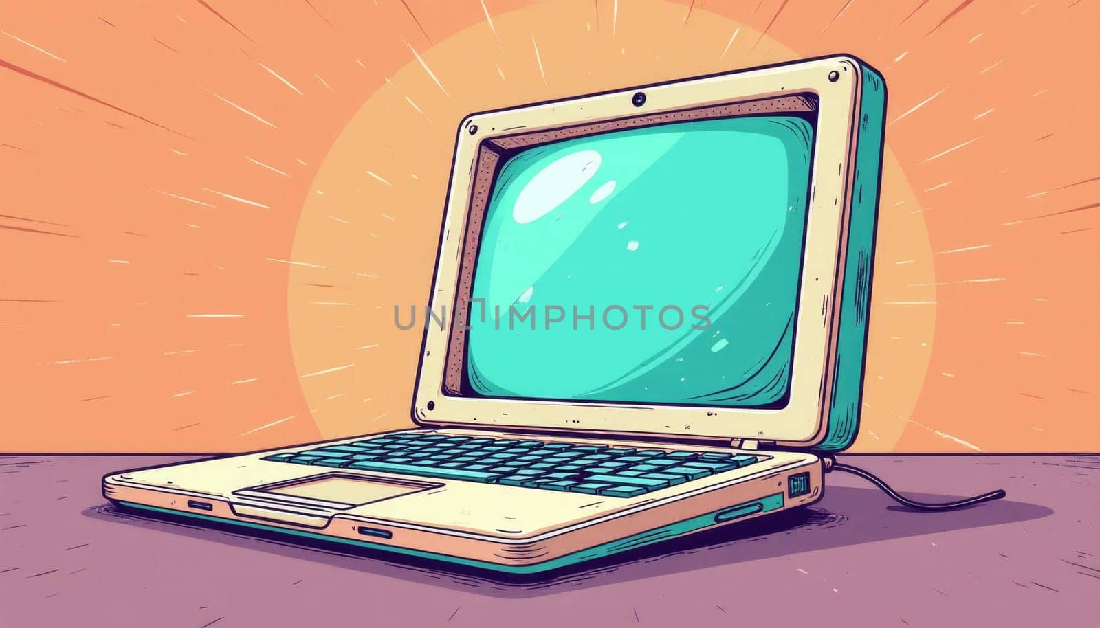 On a bright yellow backdrop, a playful pink laptop stands prominently, hinting at a world of creativity and innovation. The sun radiates behind, enhancing the cheerful atmosphere of the setting.