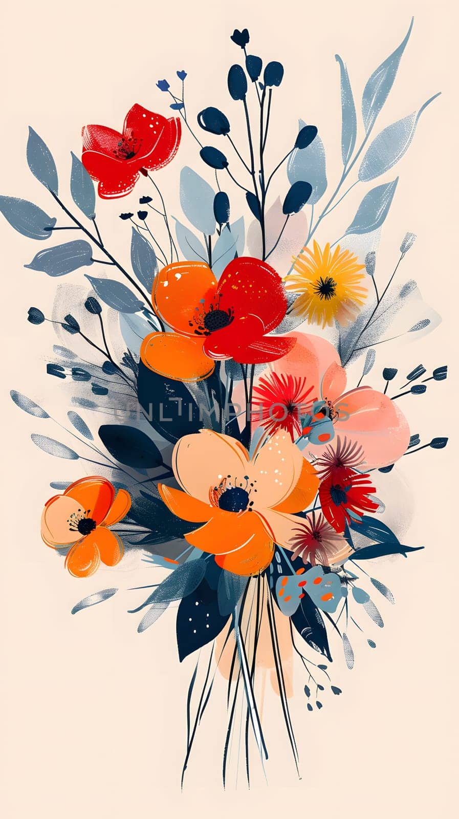 Vibrant floral illustration with leafy accents, featuring red, orange, and yellow flowers