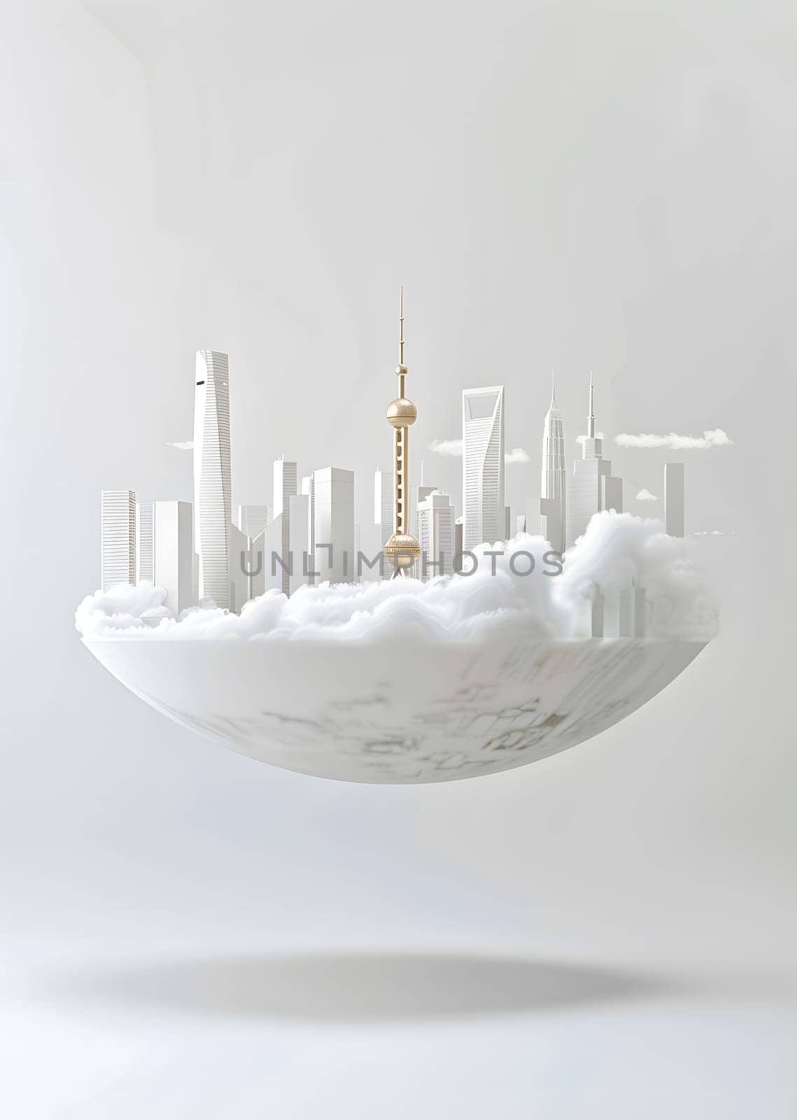 The scene shows an abstract floating city with skyscrapers rising above the clouds