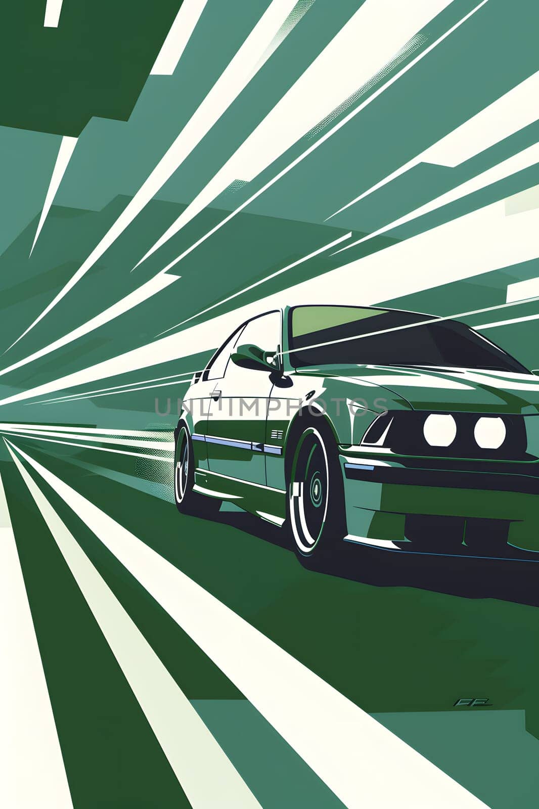 Stylized depiction of a fast green car racing with dynamic rays backdrop