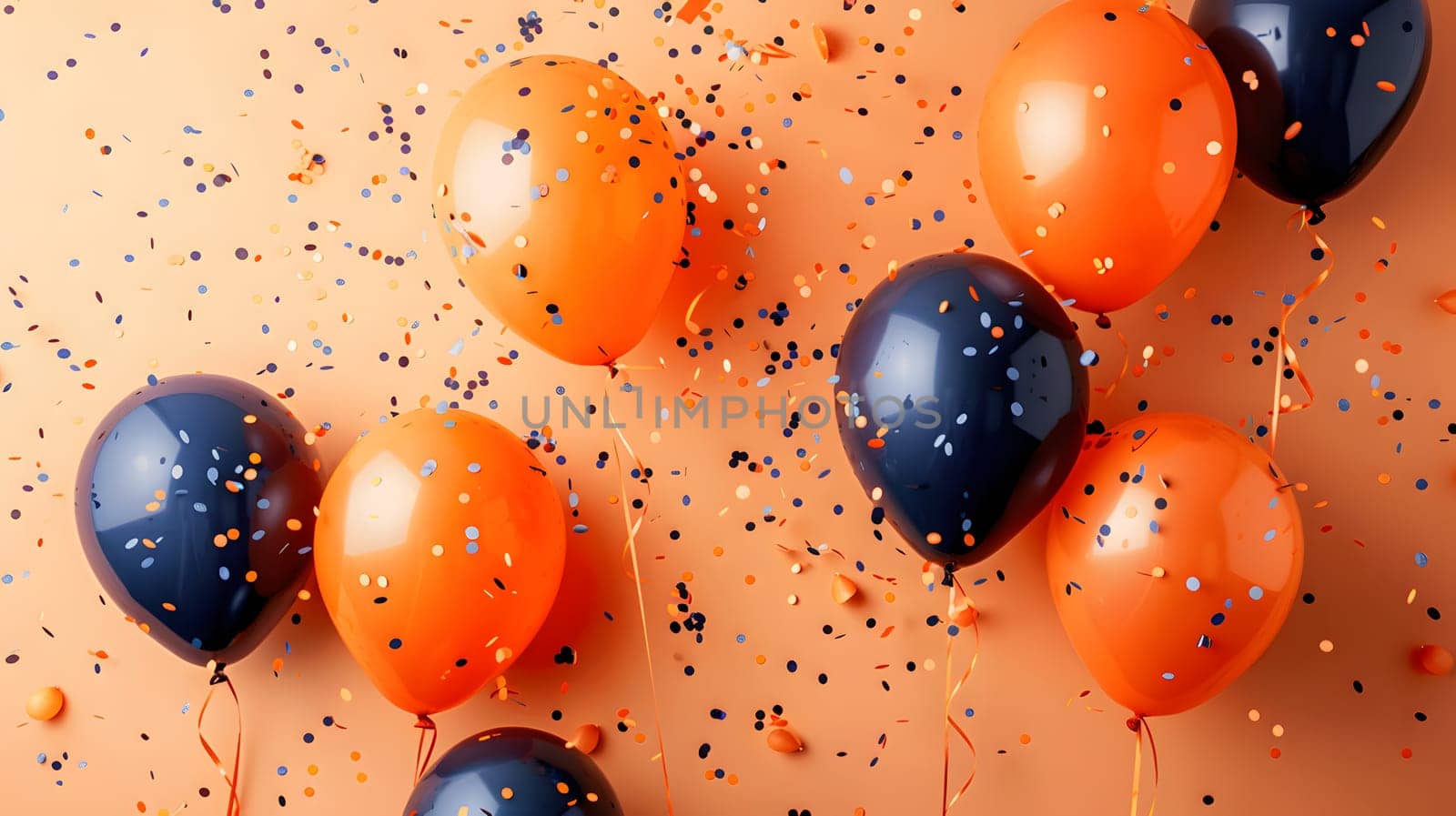 A festive display of orange and blue balloons with confetti on a brown background. Perfect for a party or celebration with vibrant colors