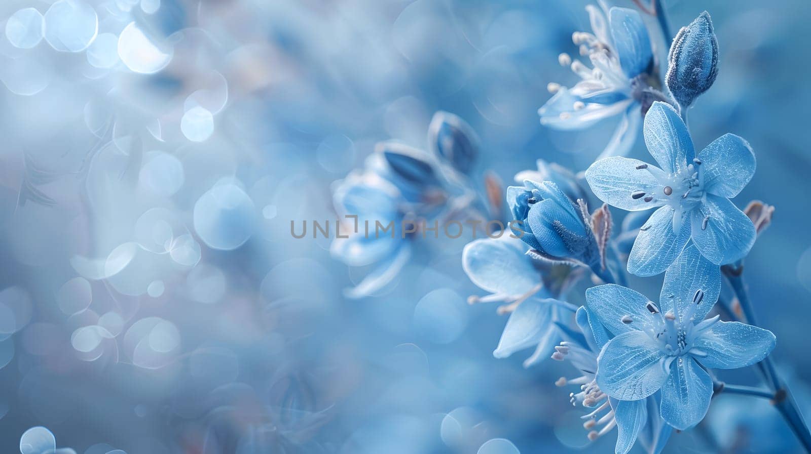 Macro photography of electric blue flowers on a blue background, showcasing the beauty of this flowering plant. The delicate petals and natural materials blend perfectly in this shot