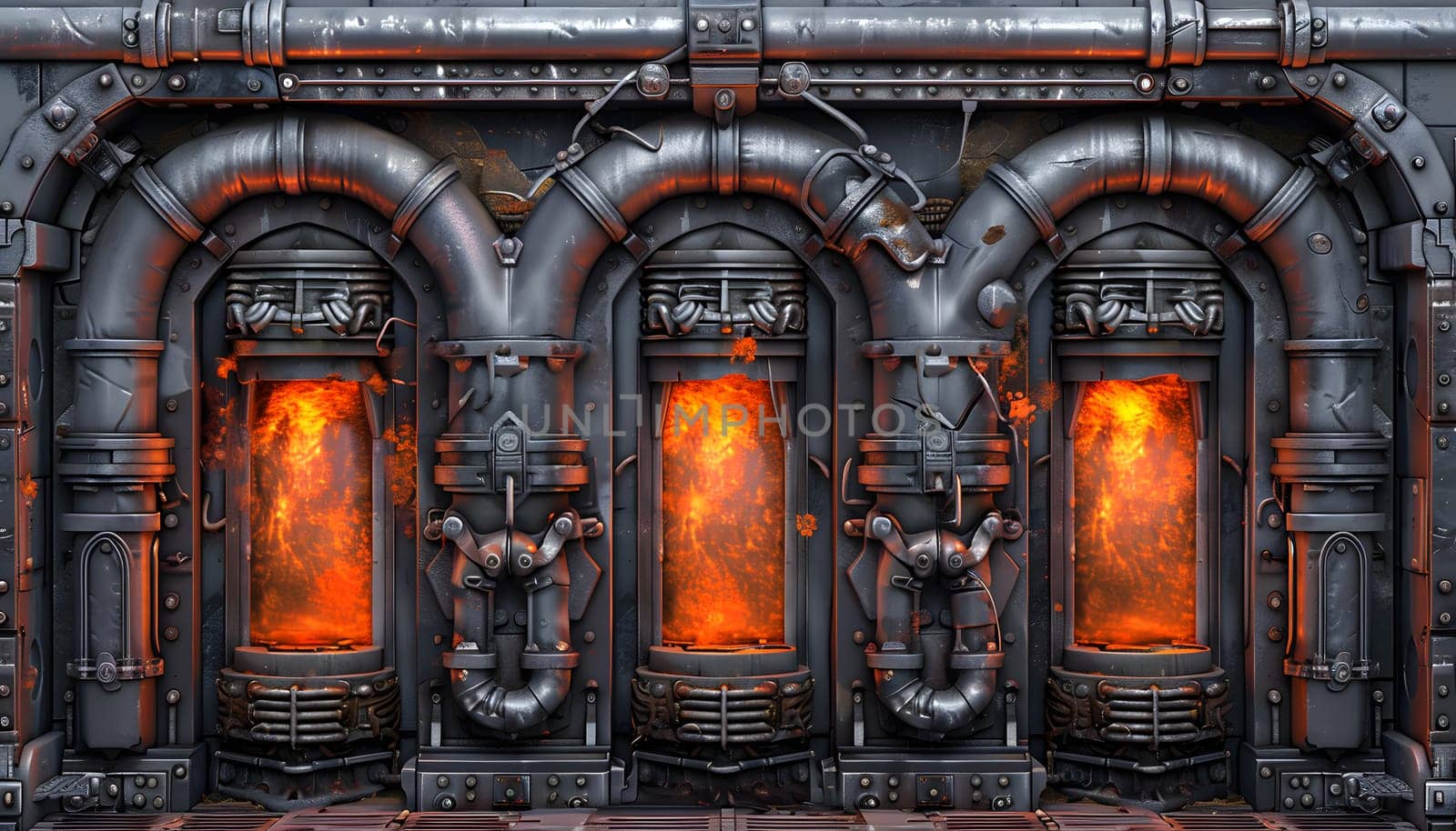 A symmetrical building facade with artistic gas pipes and fire fixtures, creating a captivating image of heat and energy in an architectural event