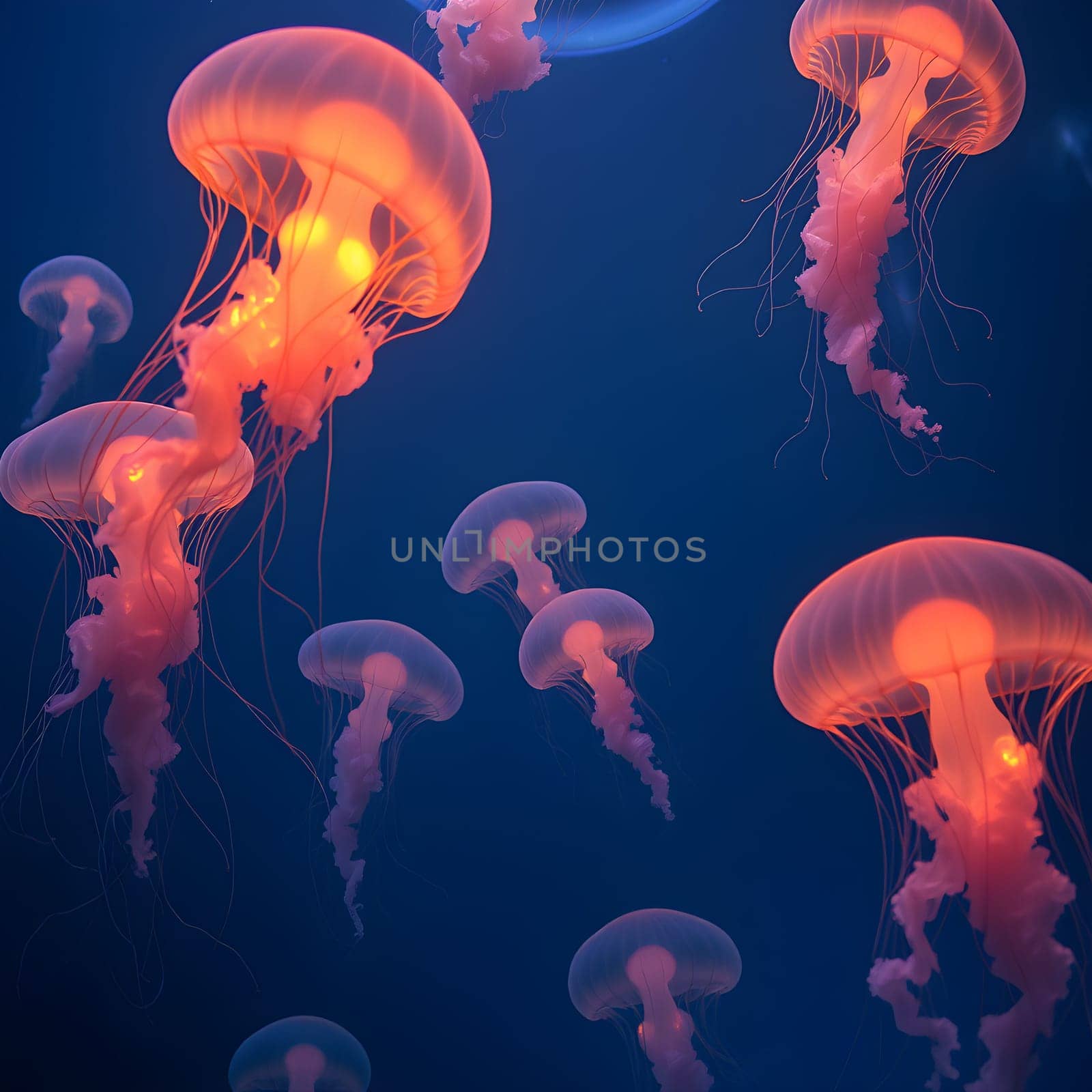 An ethereal underwater world illuminated by glowing jellyfish, creating a serene and mesmerizing aquatic landscape.