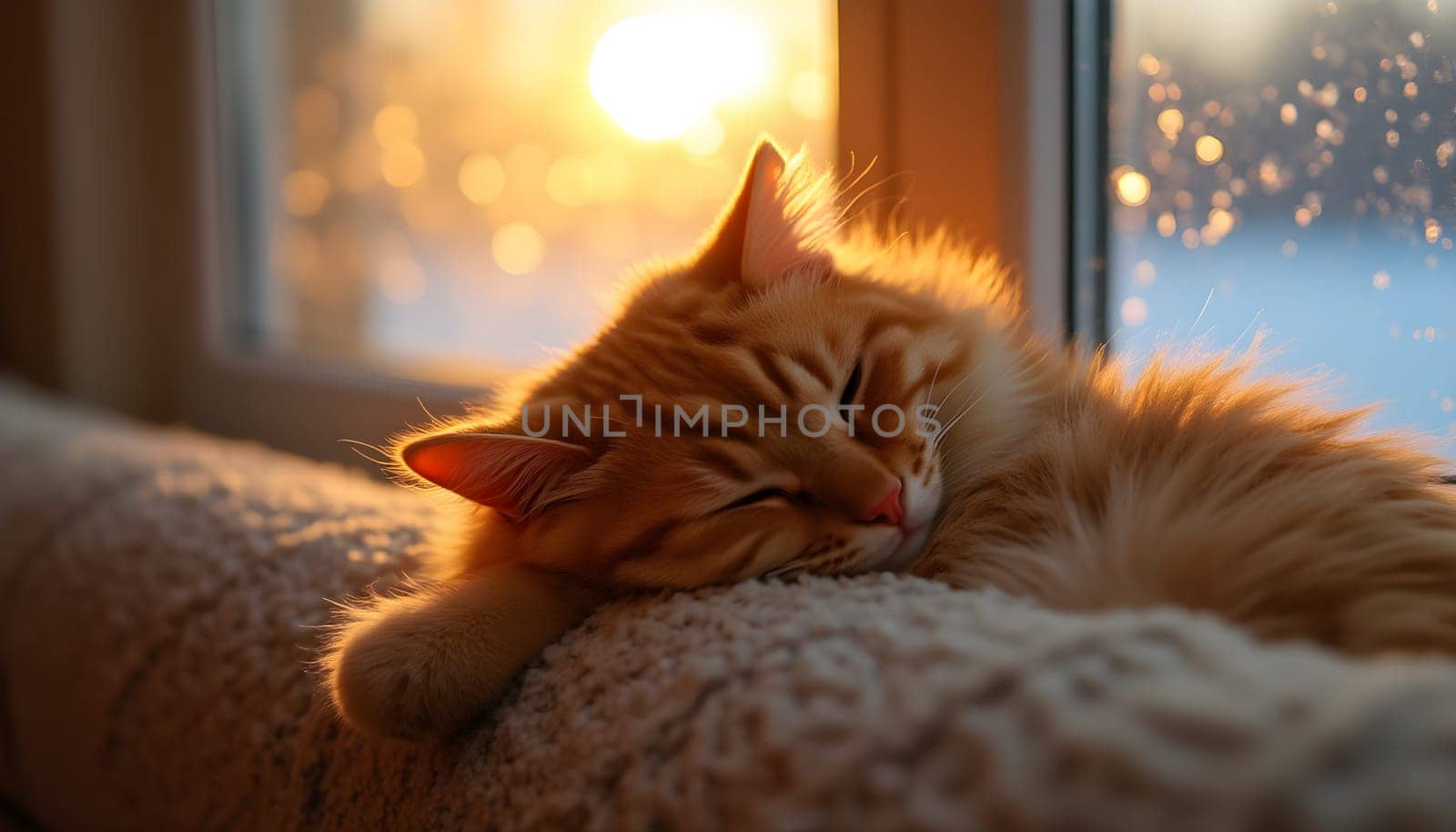 A fluffy orange tabby cat curled up on a sofa, glowing in golden light from a snowy sunset outside the window.