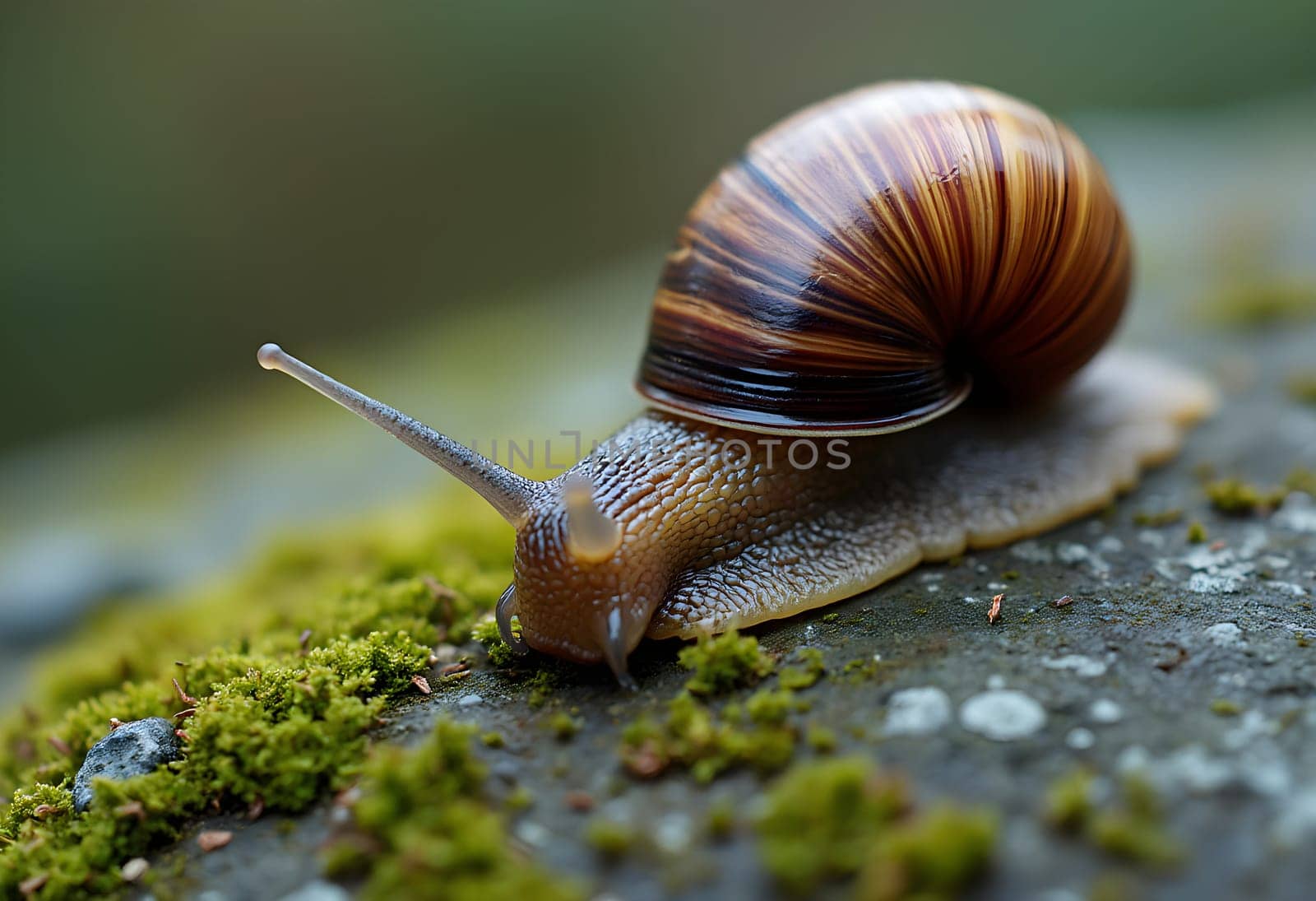 Detailed macro shot capturing a snail resting on a moss-covered rock, highlighting intricate textures and natural beauty.
