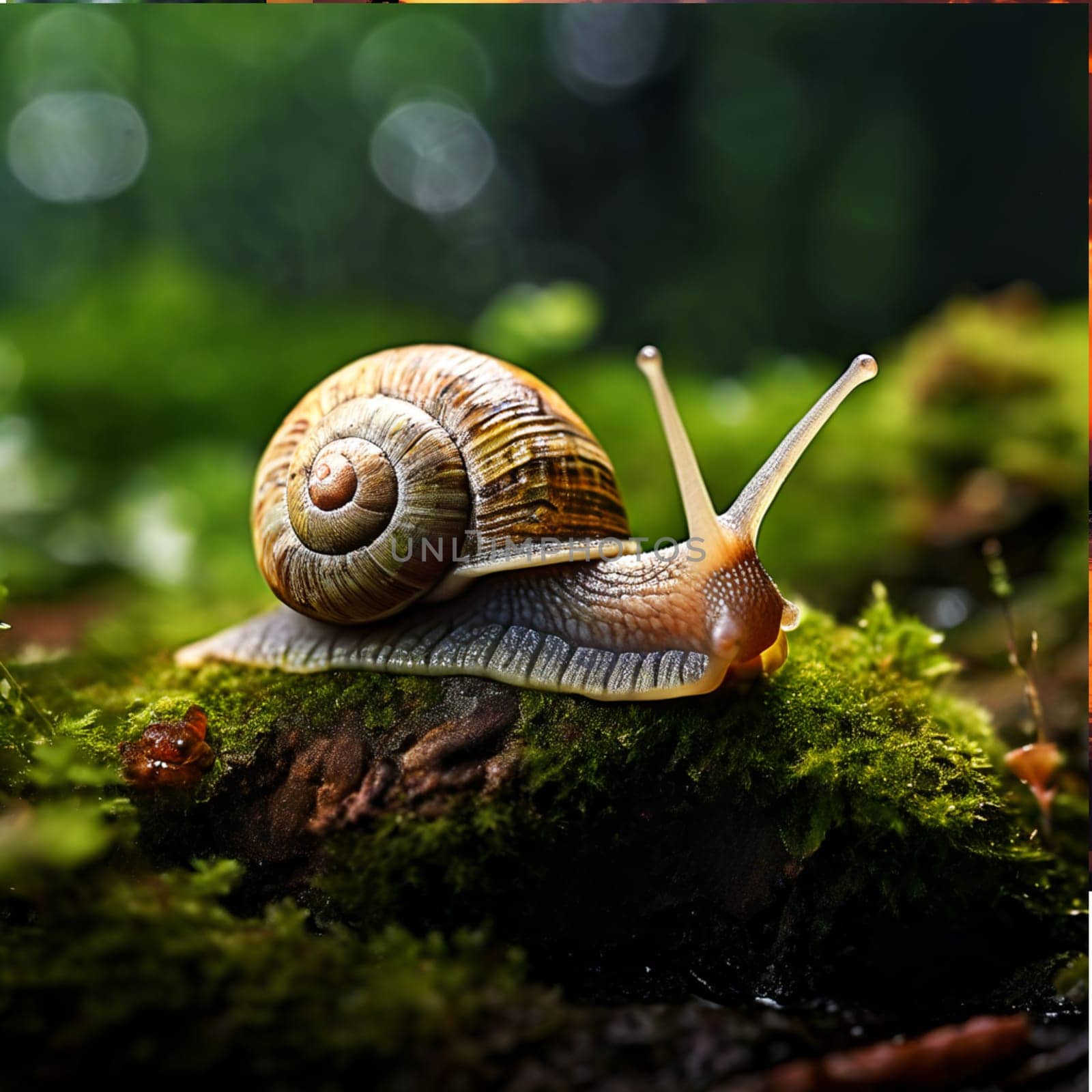 Detailed macro shot capturing a snail resting on a moss-covered rock, emphasizing intricate textures and the natural beauty of the environment.
