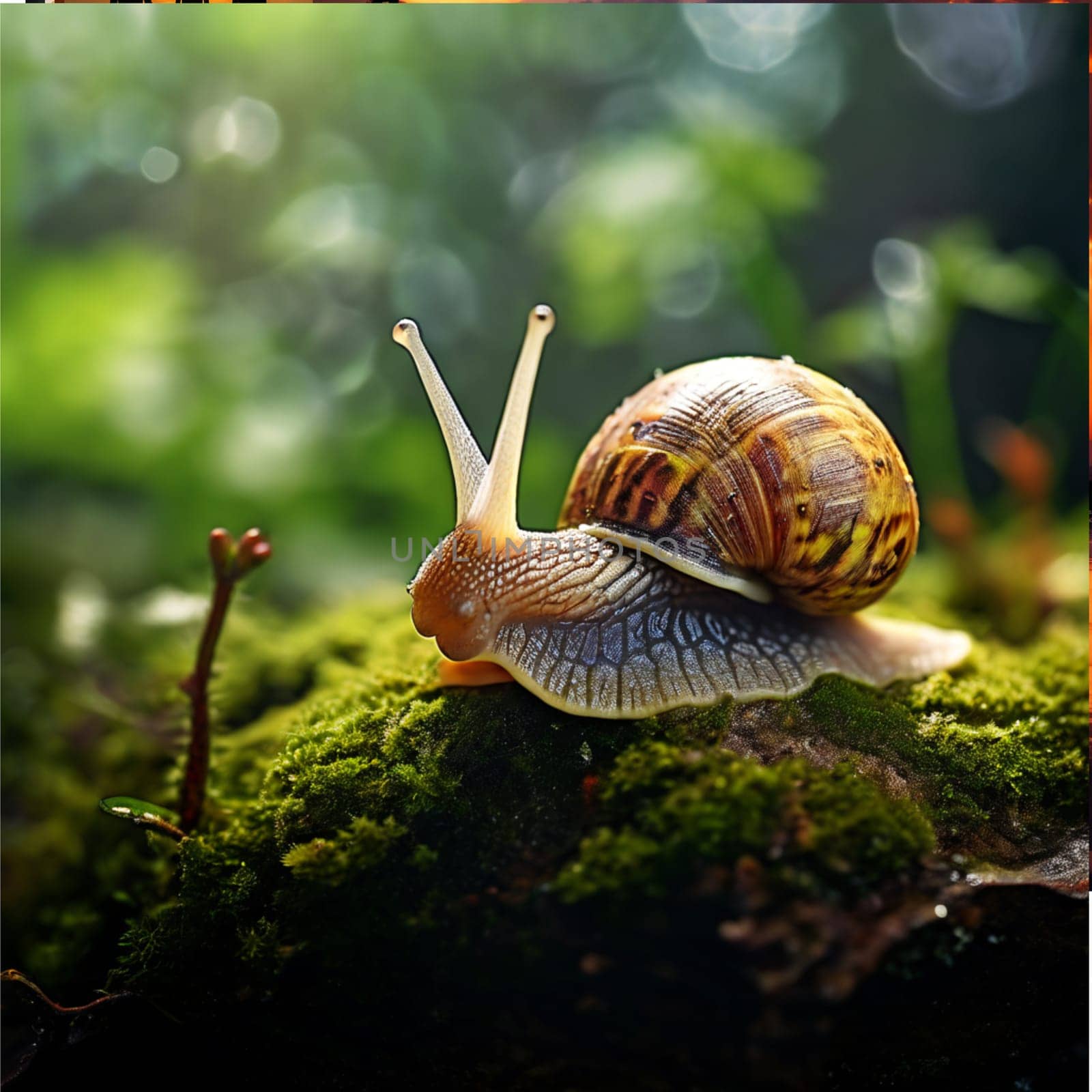 Detailed macro shot capturing a snail resting on a moss-covered rock, emphasizing intricate textures and the natural beauty of the environment.