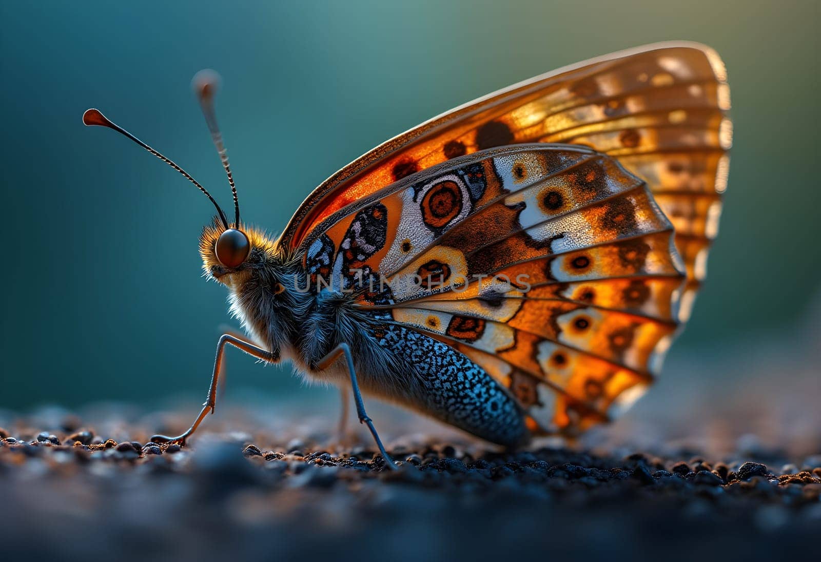 An abstract macro watercolor painting of a butterfly’s wing, showcasing intricate patterns and vibrant colors under soft, diffused lighting.