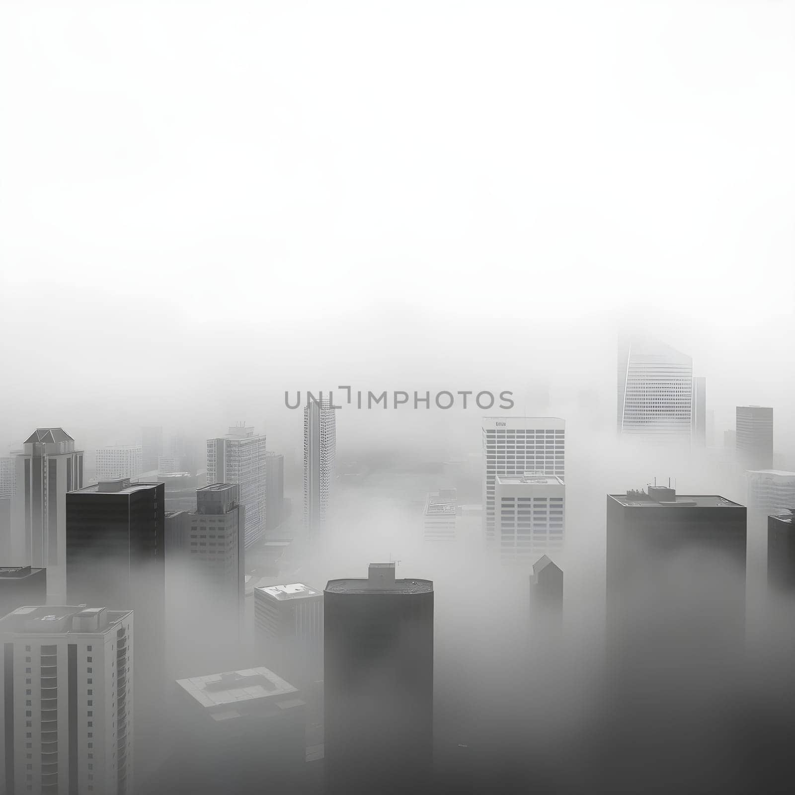 A monochrome depiction of an urban skyline enveloped in foggy weather, highlighting silhouettes and a mysterious atmospheric mood.
