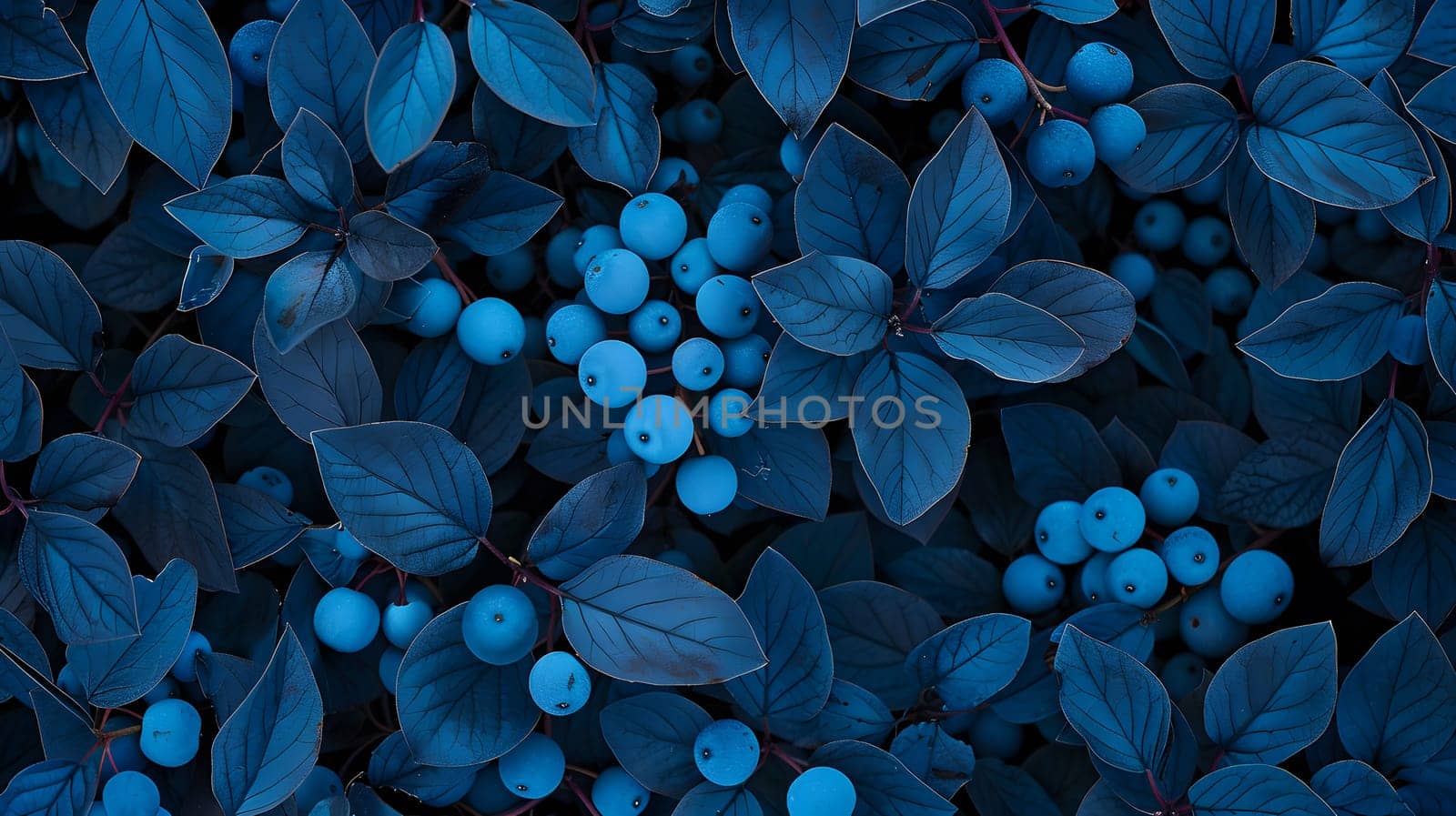Blueberries, a type of flowering plant, are nestled among electric blue leaves, creating a striking pattern in the aqua surroundings
