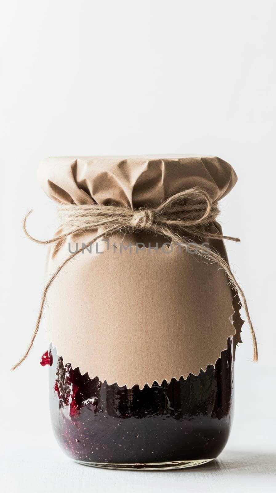 Glass jar of homemade berry jam covered with brown paper and tied with string on white background