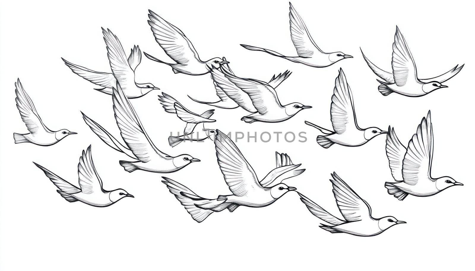 Pencil drawing of seagulls flying in formation, creating a dynamic and graceful scene against a clean white backdrop