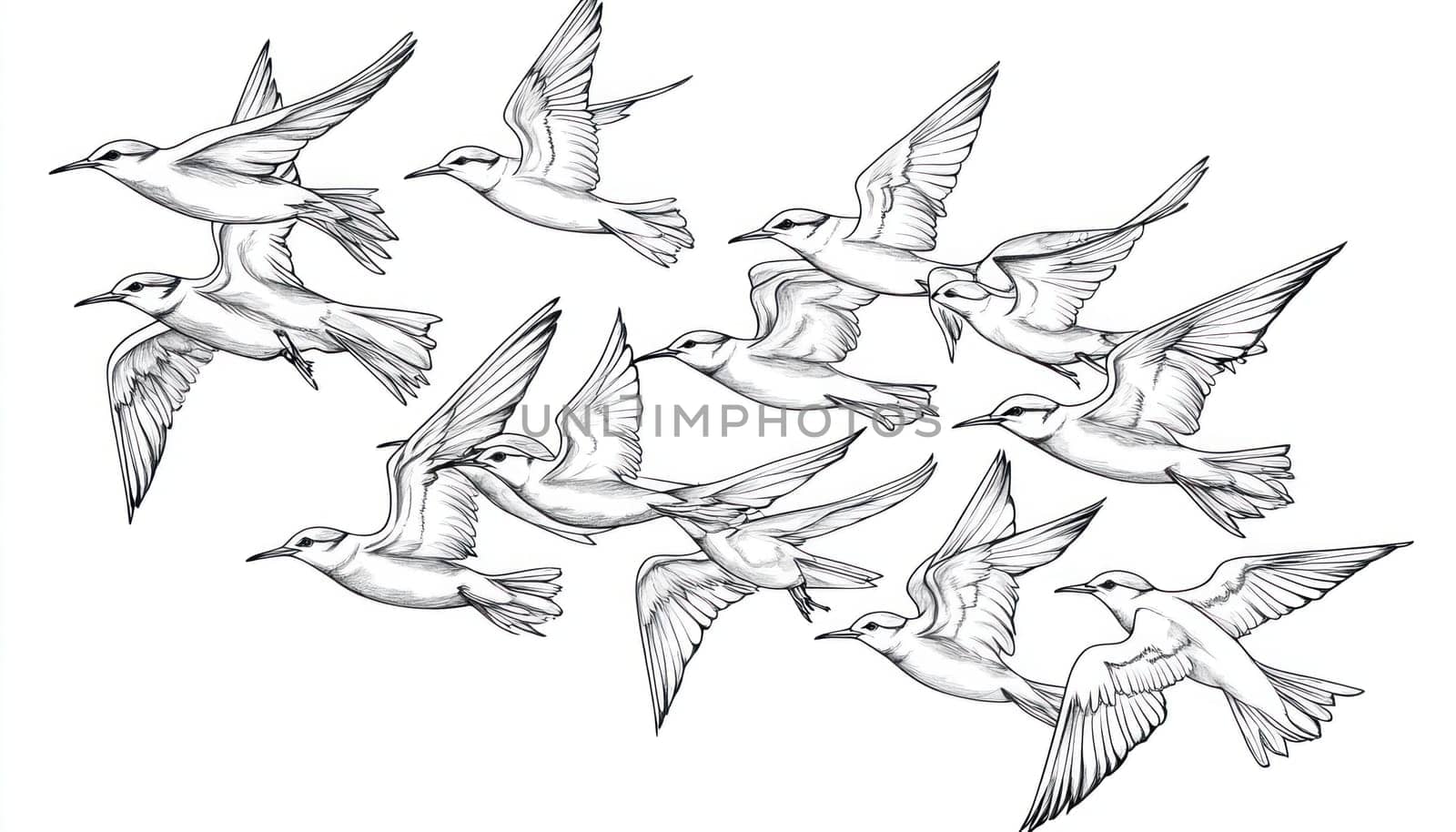 Detailed pencil drawing showcasing a flock of common terns gracefully soaring through the sky, wings outstretched in mid flight