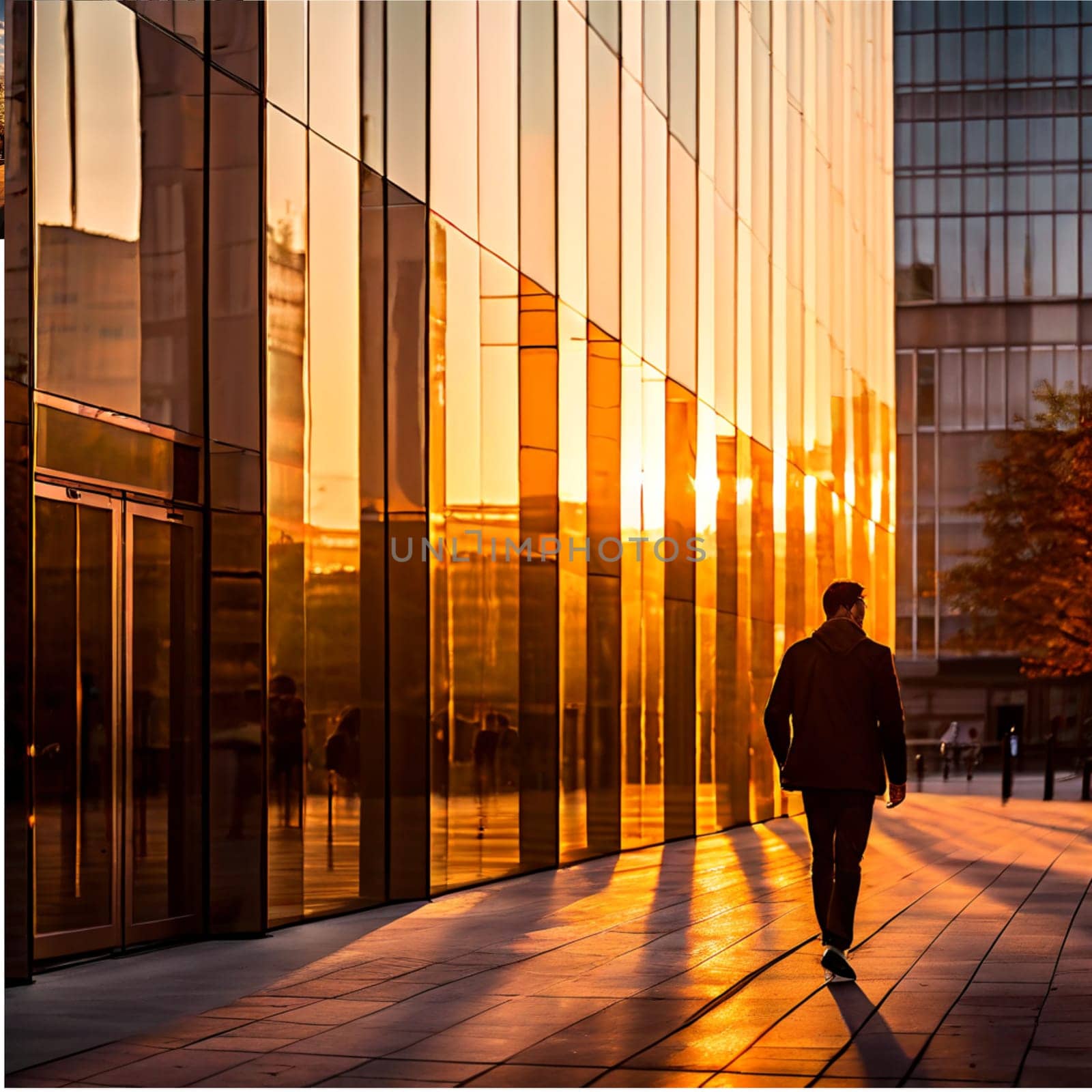 A beautiful golden hour photo capturing a pedestrian walking past a modern glass building, highlighting stunning light and reflections.