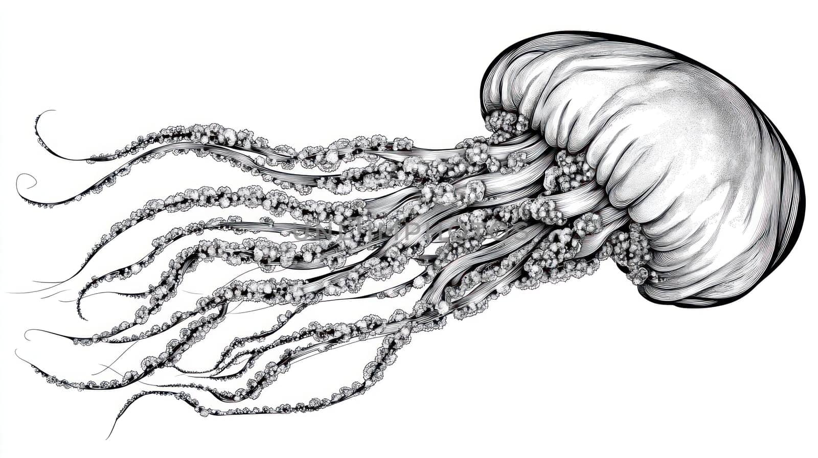 Realistic drawing of jellyfish swimming underwater, showcasing intricate details of its body and tentacles