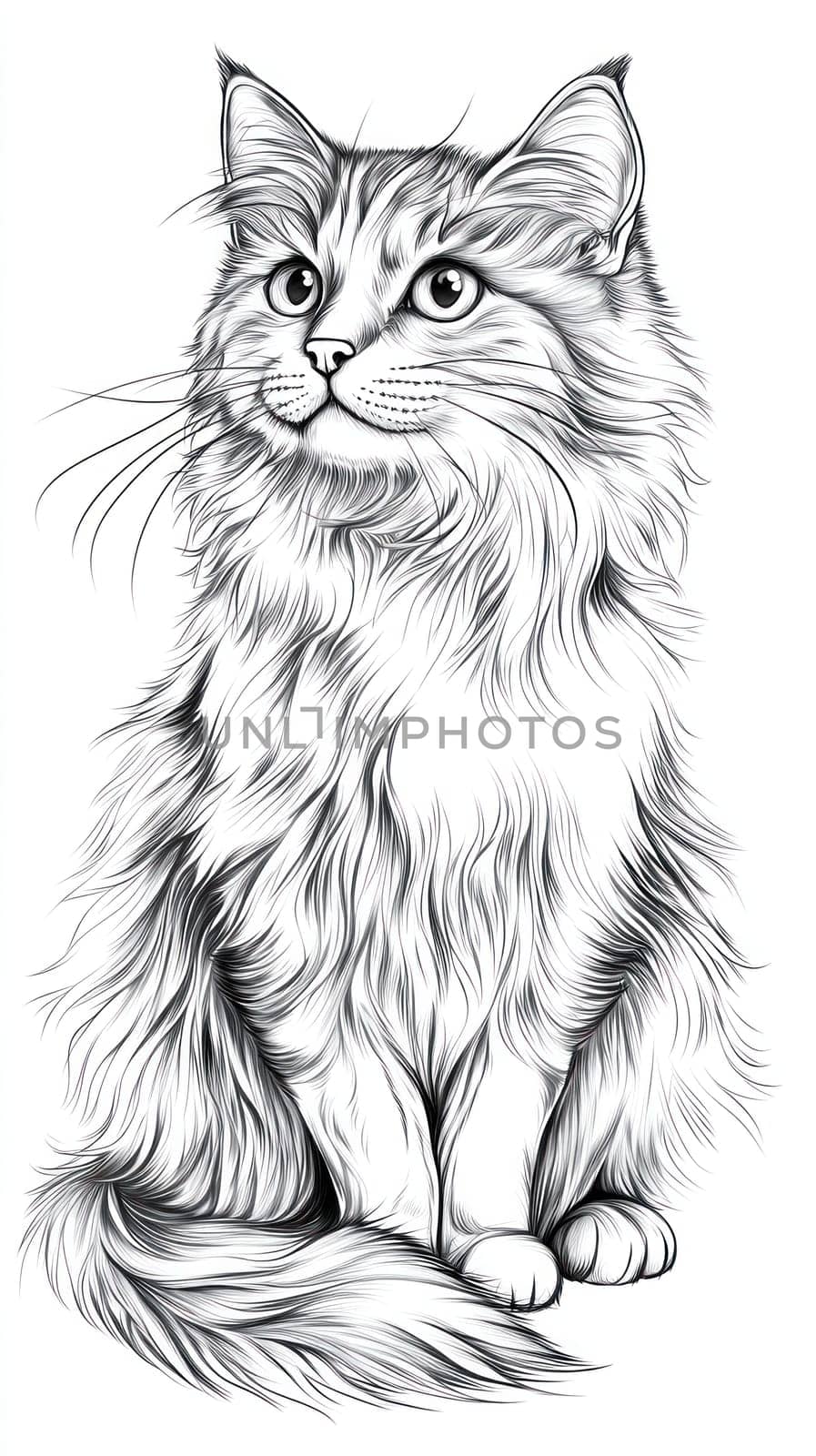 Black and white illustration of a fluffy long haired cat sitting and looking up with curiosity