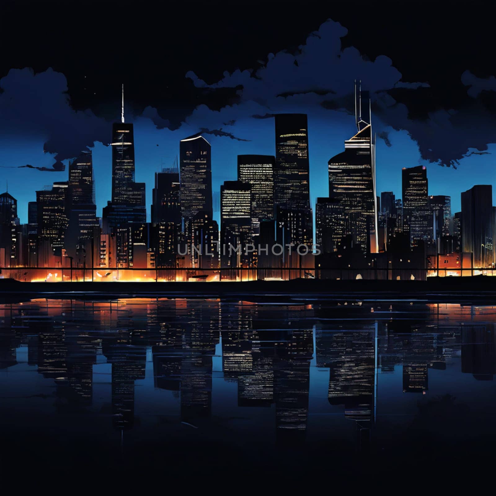 A stunning urban skyline at night showcasing striking contrasts between light and shadow, capturing the vibrant city atmosphere.