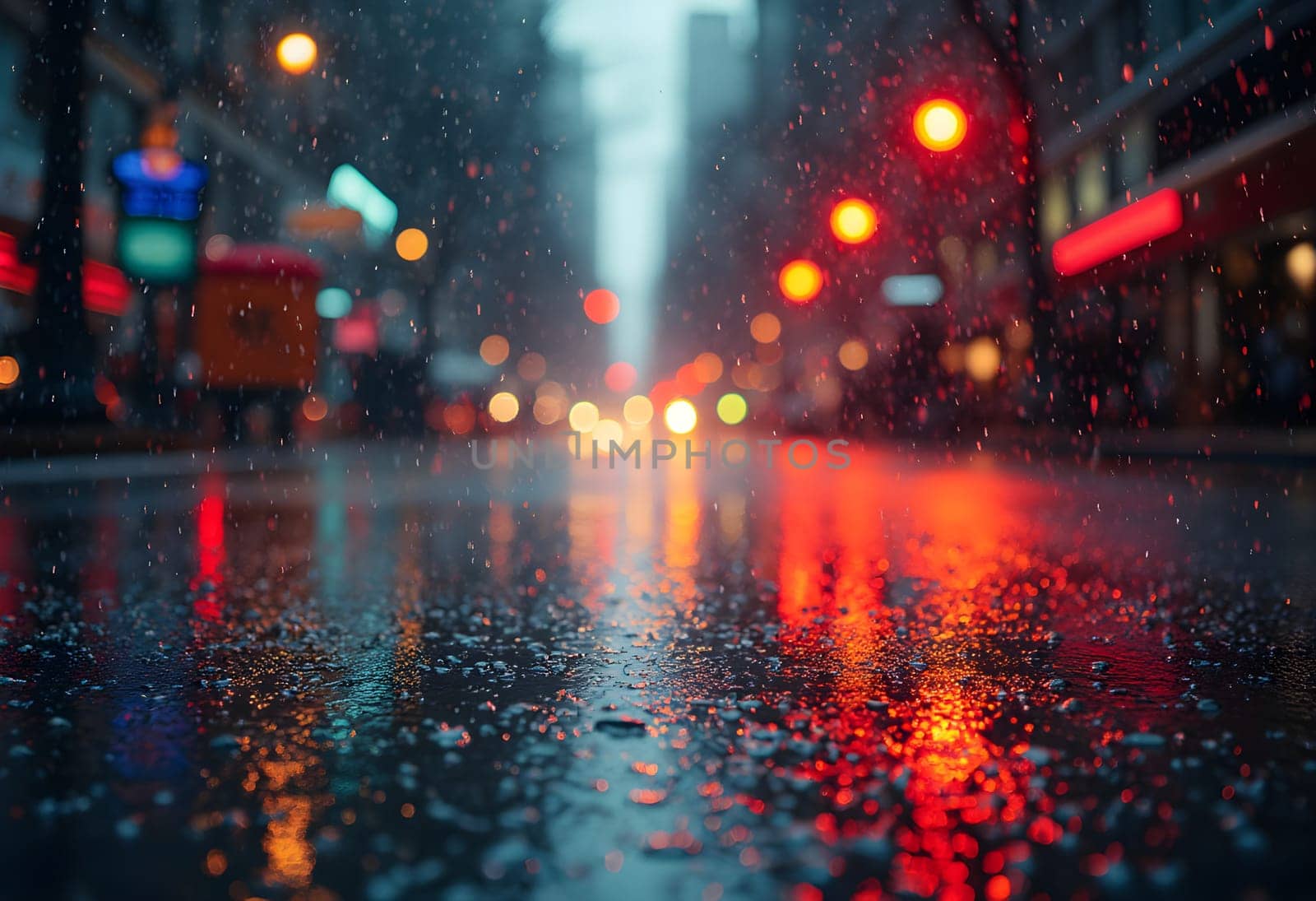 A dynamic shot capturing vibrant city lights reflecting on a wet street after rain, highlighting urban energy and atmospheric beauty.