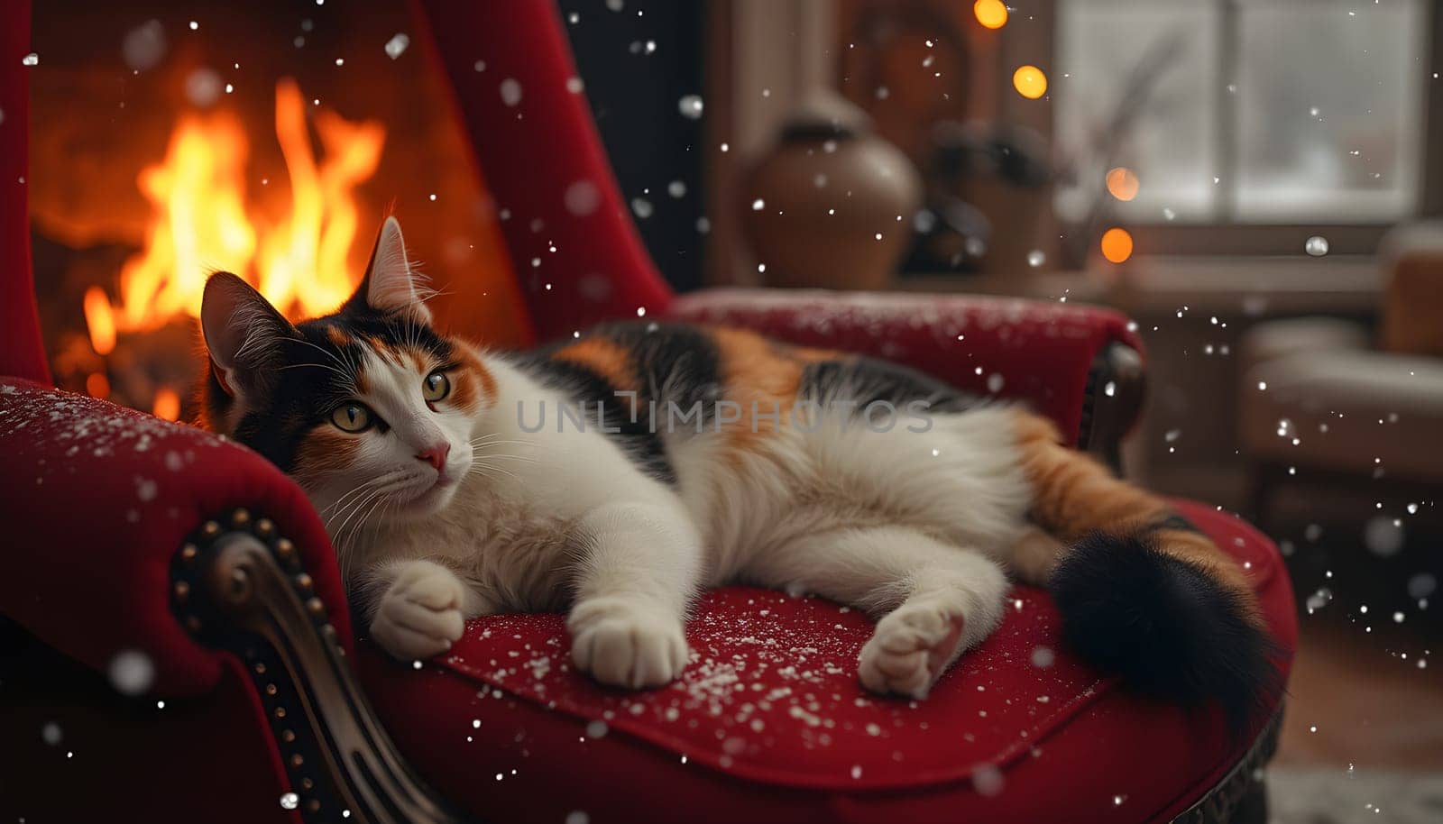 A calico cat relaxes on a red armchair by the fireplace, with warm light glowing as snow falls outside.