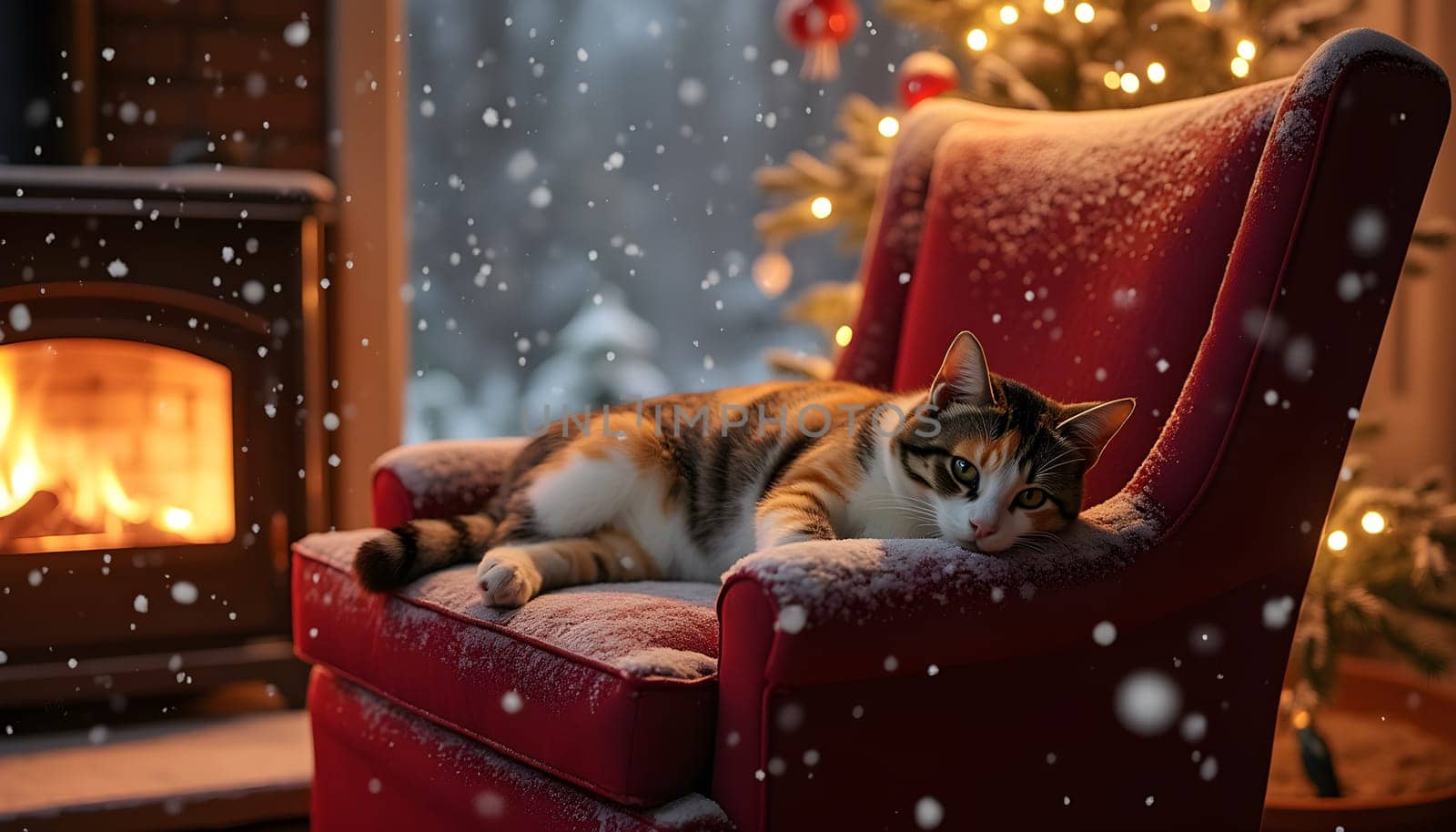 A calico cat relaxes on a red armchair by the fireplace, with warm light glowing as snow falls outside.