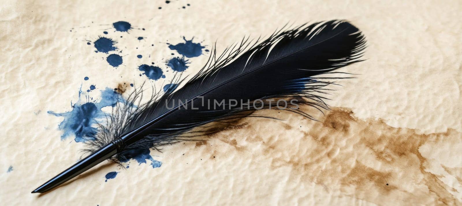 Black feather pen is lying on aged paper with inkblots, creating a vintage or historical atmosphere