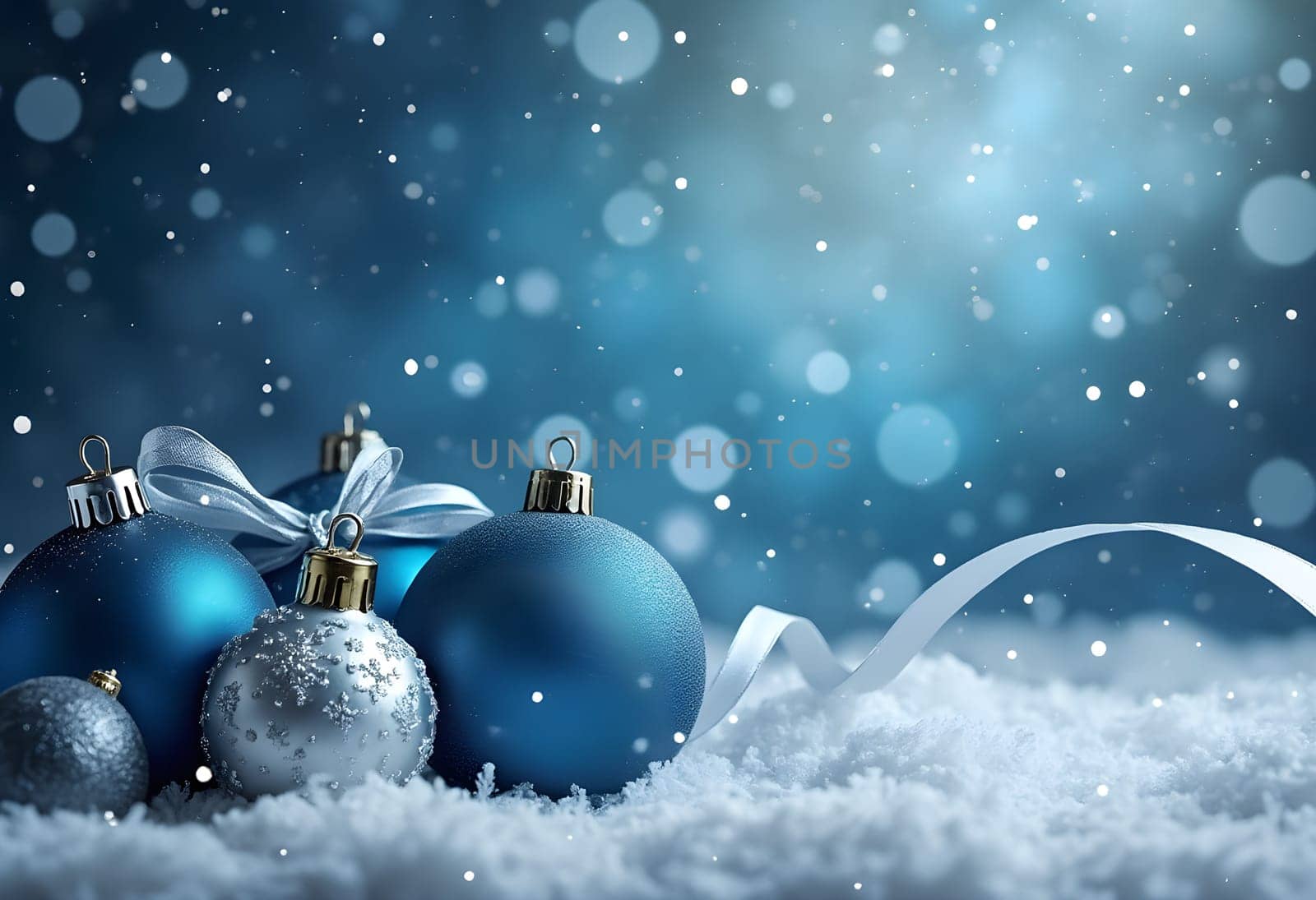 Blue Christmas balls and silver ribbon on snowy abstract background, creating a magical and elegant festive holiday atmosphere.